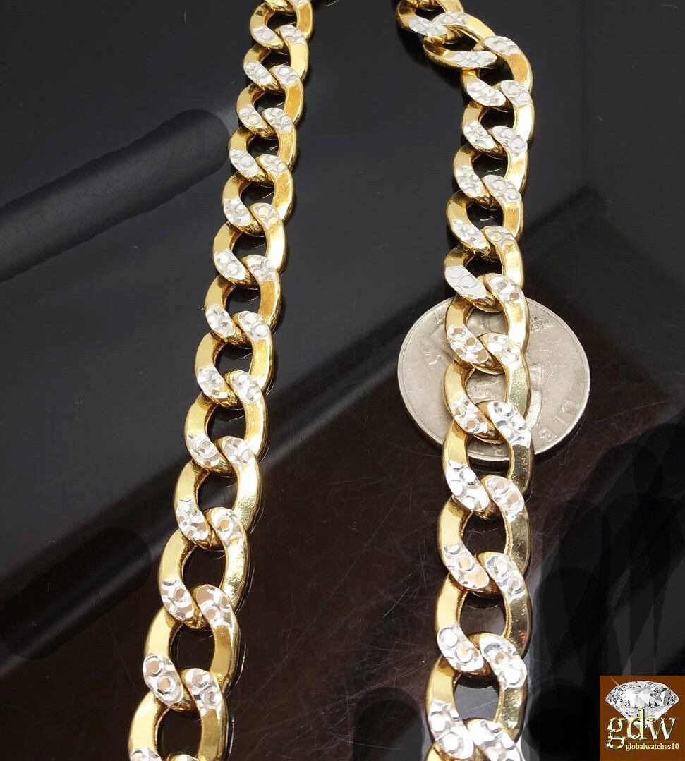 Real 10k Gold Cuban Curb Link Chain 10mm 24 Inch Two - tone Diamond Cut Necklace - GoldenlinQ