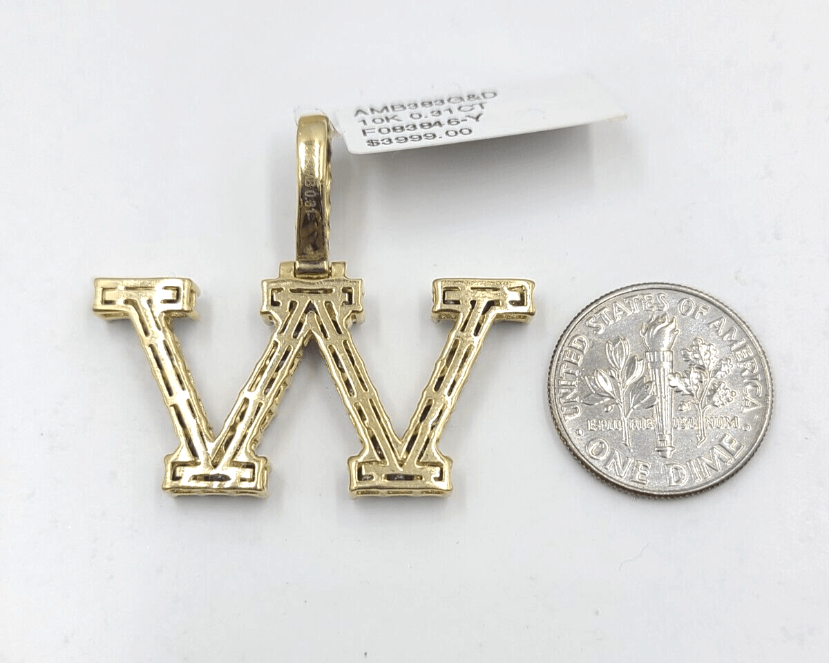 Real 10k Gold & Diamond Letter W Initial Alphabet Charm Pendant 1.25". - GoldenlinQ