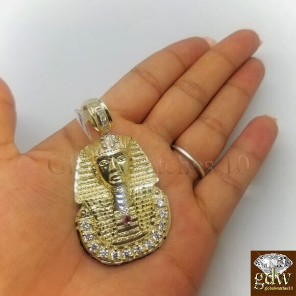 Real 10k Gold Egyptian Pharaoh Head Charm Pendant 2.5 Inch Men Women - GoldenlinQ