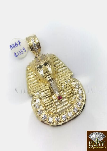 Real 10k Gold Egyptian Pharaoh Head Charm Pendant 2.5 Inch Men Women - GoldenlinQ