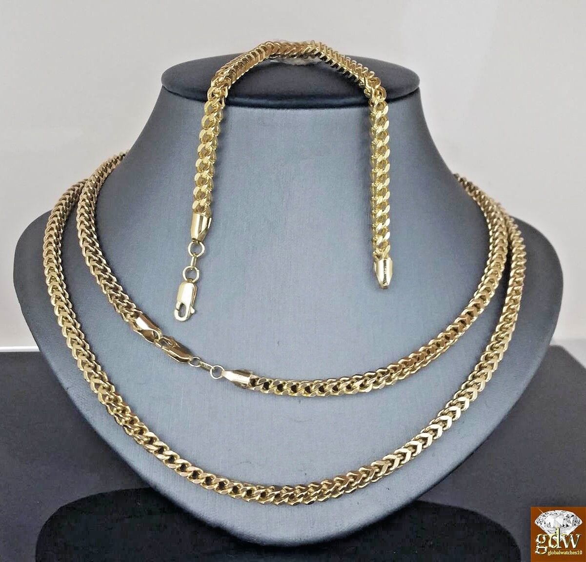 Real 10k Gold Franco Chain 28" Necklace & Bracelet 7.5" - 9" 4mm SET STRONG 10kt - GoldenlinQ