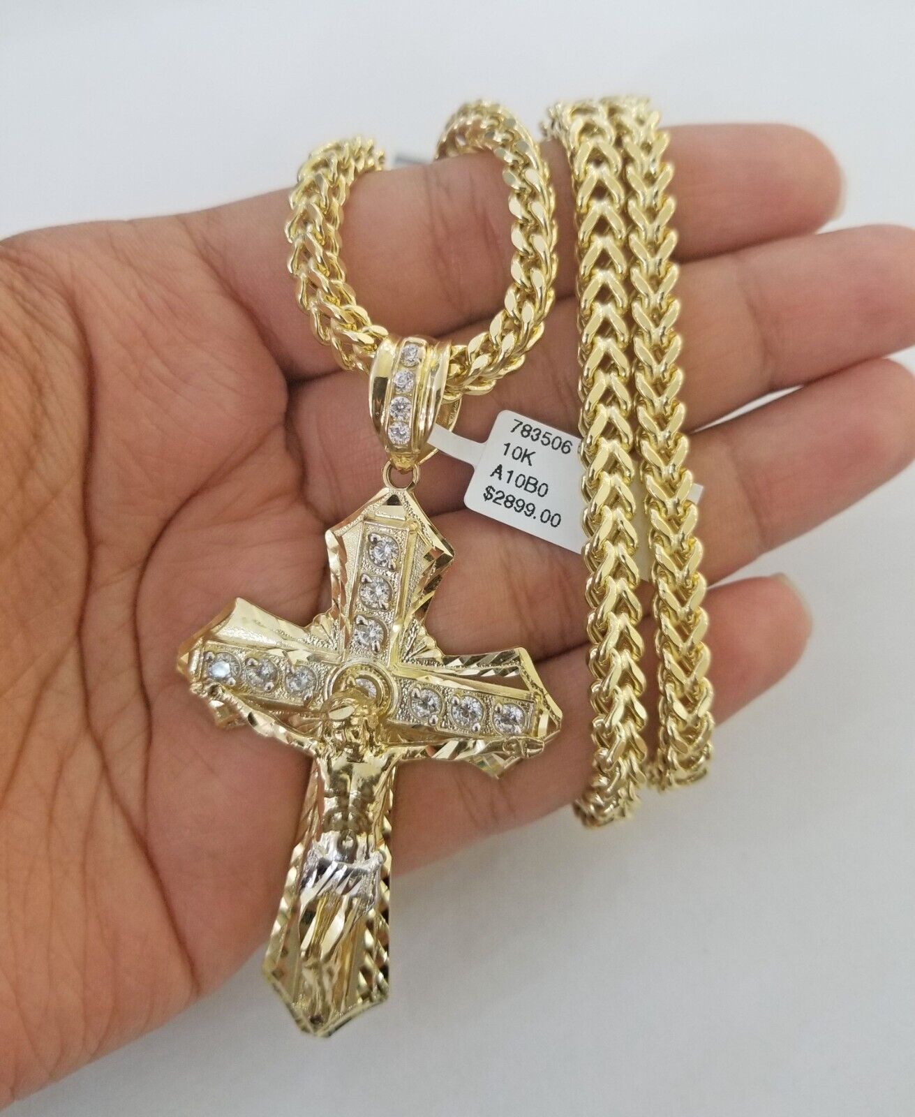 Real 10k Gold Franco chain & Cross Charm 10kt Pendant Necklace 24" 4mm SET - GoldenlinQ