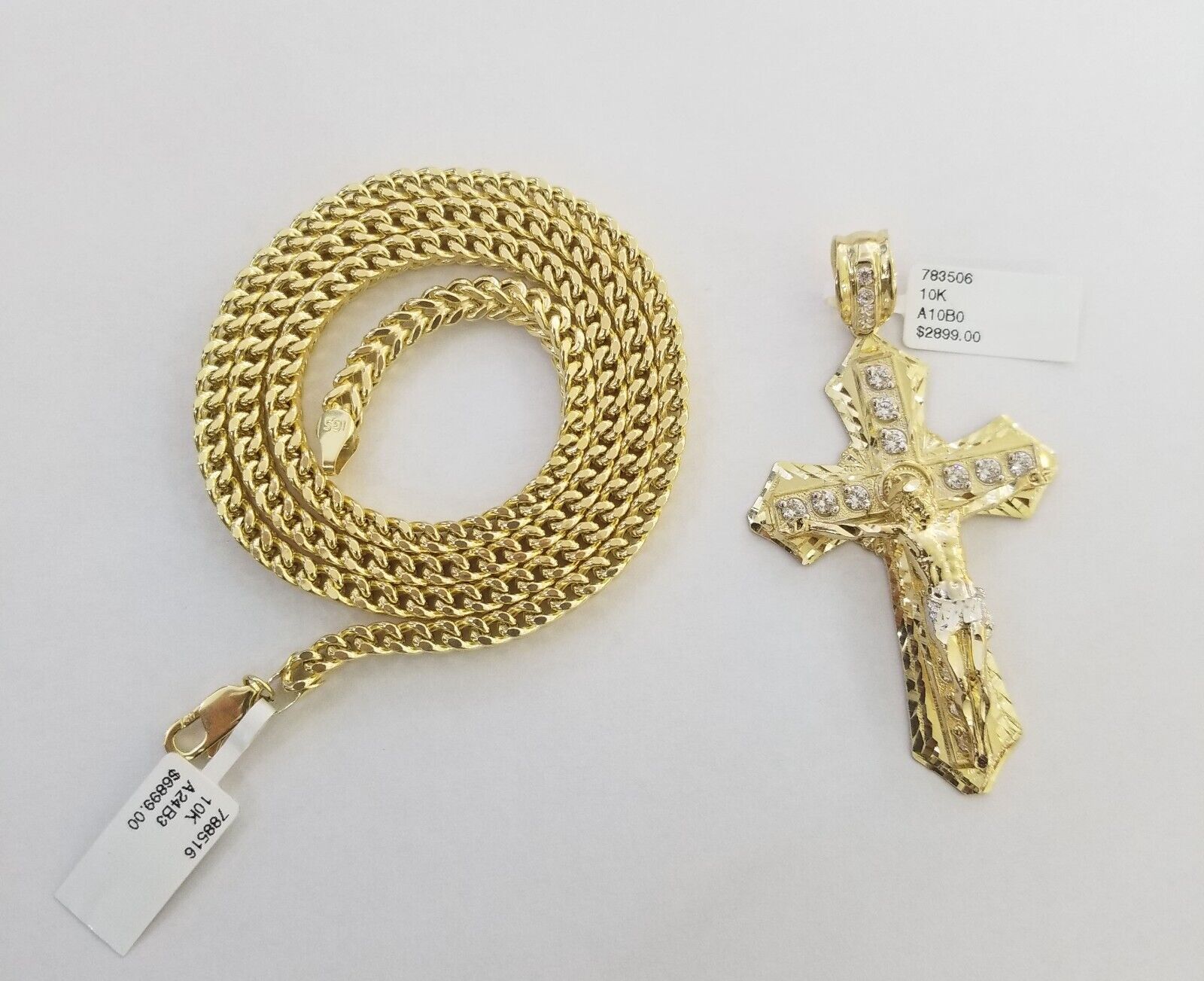 Real 10k Gold Franco chain & Cross Charm 10kt Pendant Necklace 24" 4mm SET - GoldenlinQ