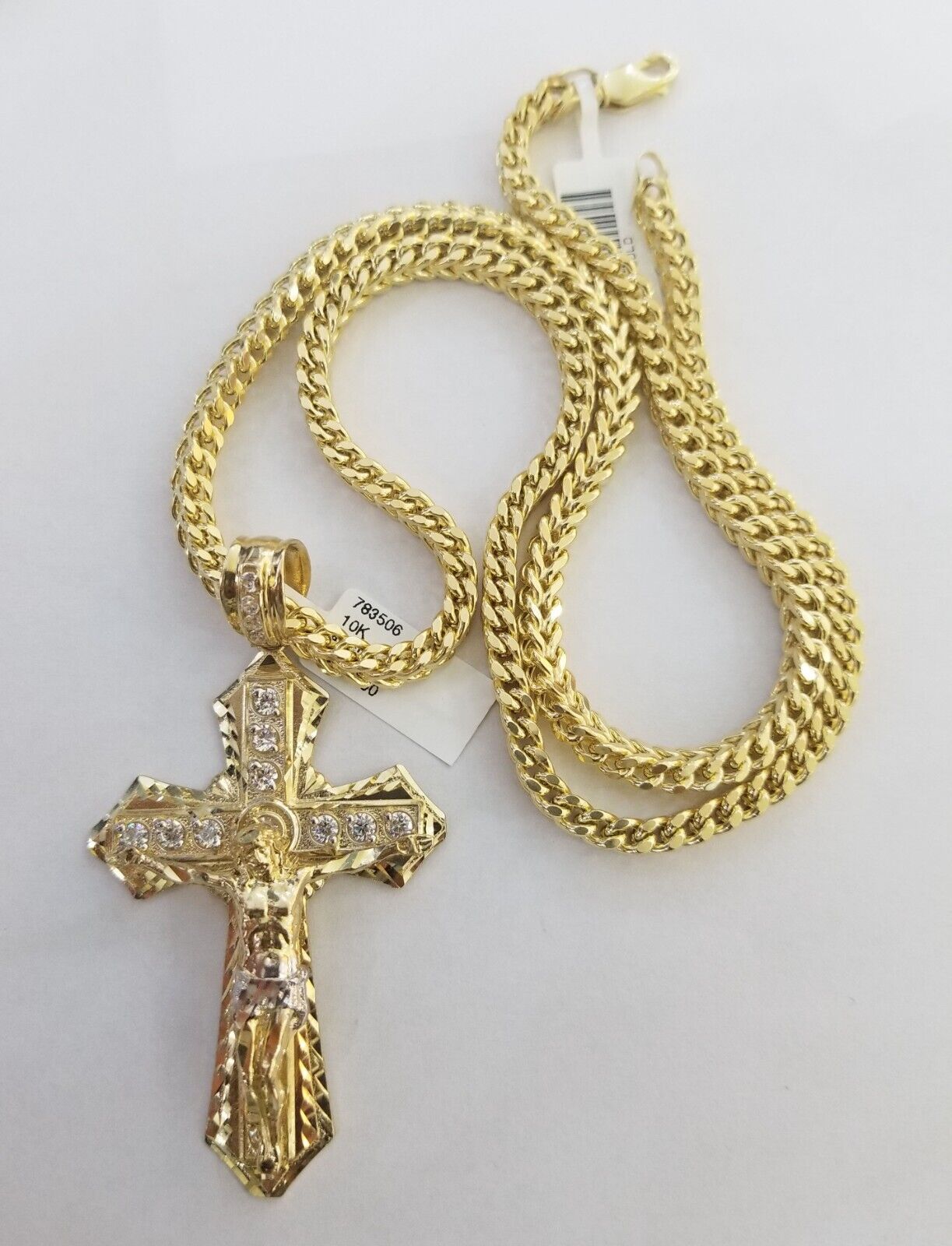 Real 10k Gold Franco chain & Cross Charm 10kt Pendant Necklace 24" 4mm SET - GoldenlinQ