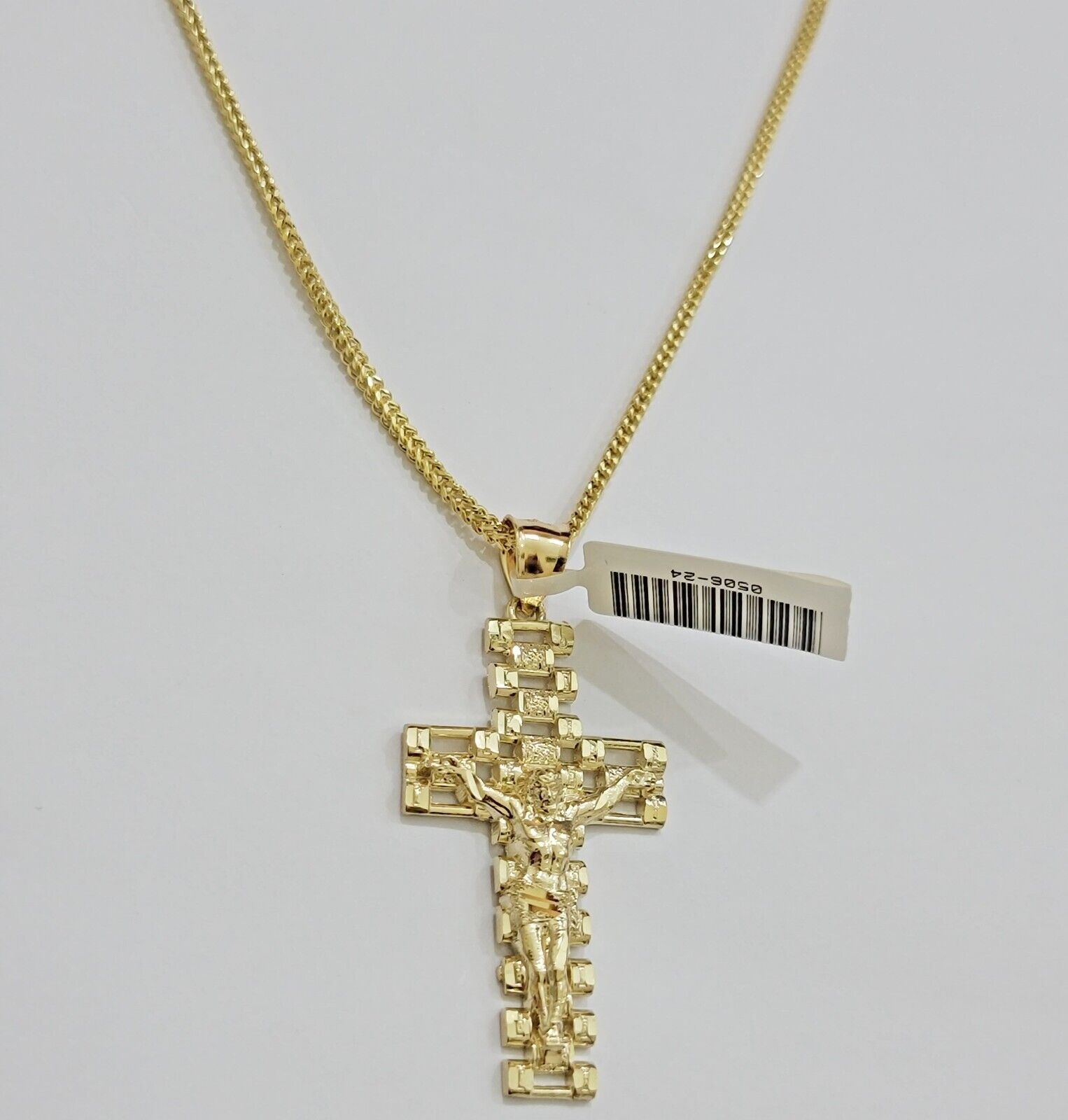 Real 10k Gold Franco Chain Cross Charm SET 18 - 24 Inch 2mm Necklace Jesus Pendant - GoldenlinQ