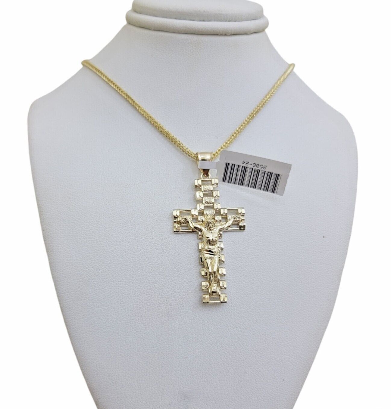 Real 10k Gold Franco Chain Cross Charm SET 18 - 24 Inch 2mm Necklace Jesus Pendant - GoldenlinQ