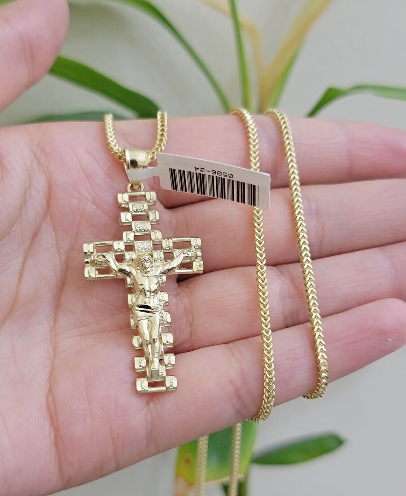 Real 10k Gold Franco Chain Cross Charm SET 18 - 24 Inch 2mm Necklace Jesus Pendant - GoldenlinQ