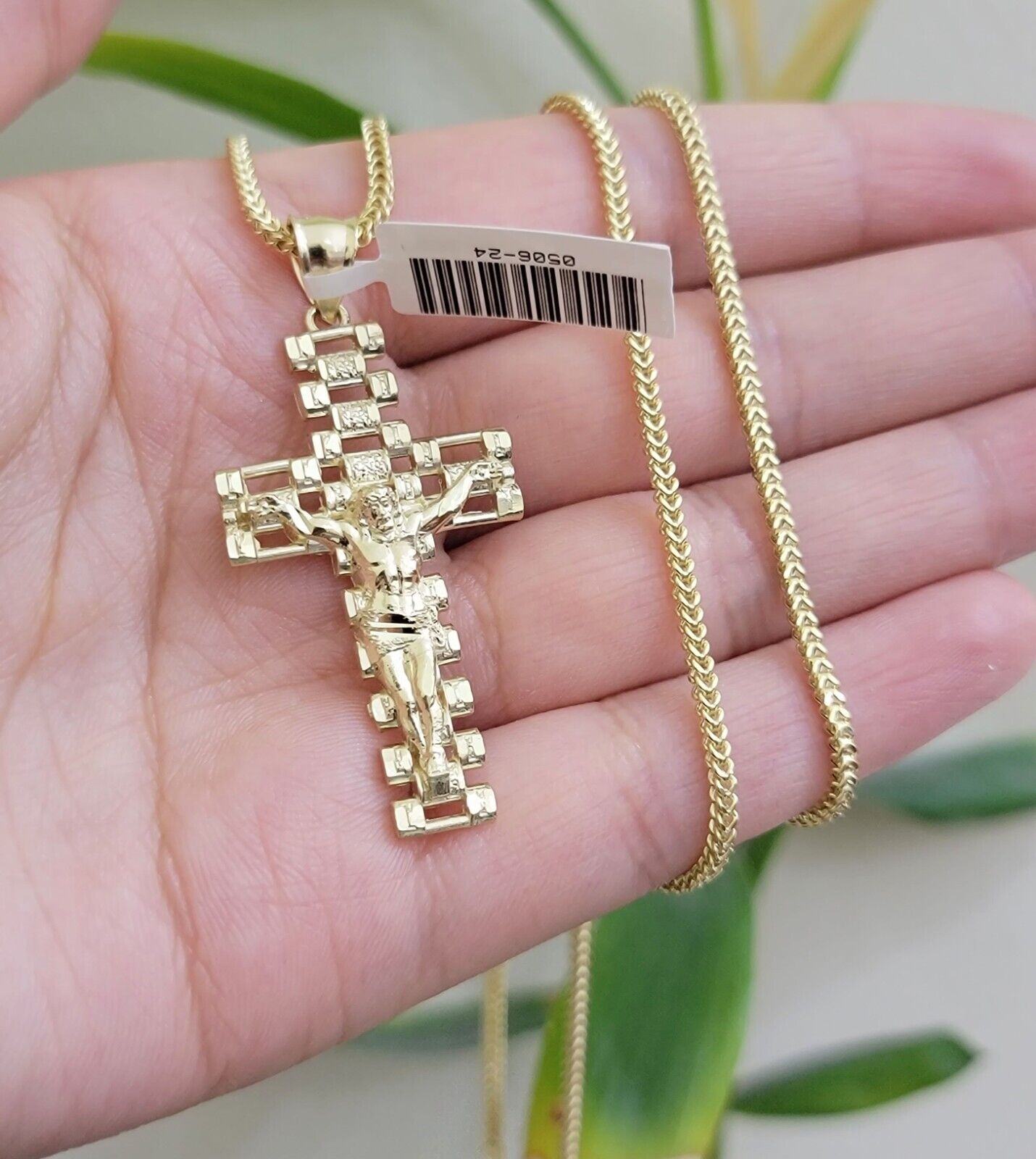Real 10k Gold Franco Chain Cross Charm SET 18 - 24 Inch 2mm Necklace Jesus Pendant - GoldenlinQ