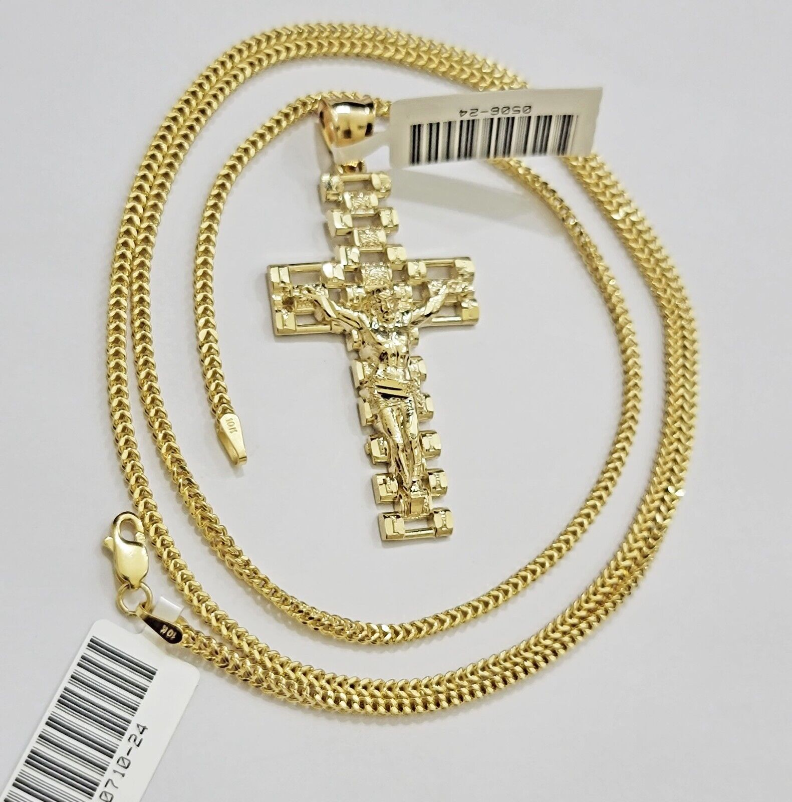 Real 10k Gold Franco Chain Cross Charm SET 20 Inch 2mm Necklace Jesus Pendant - GoldenlinQ
