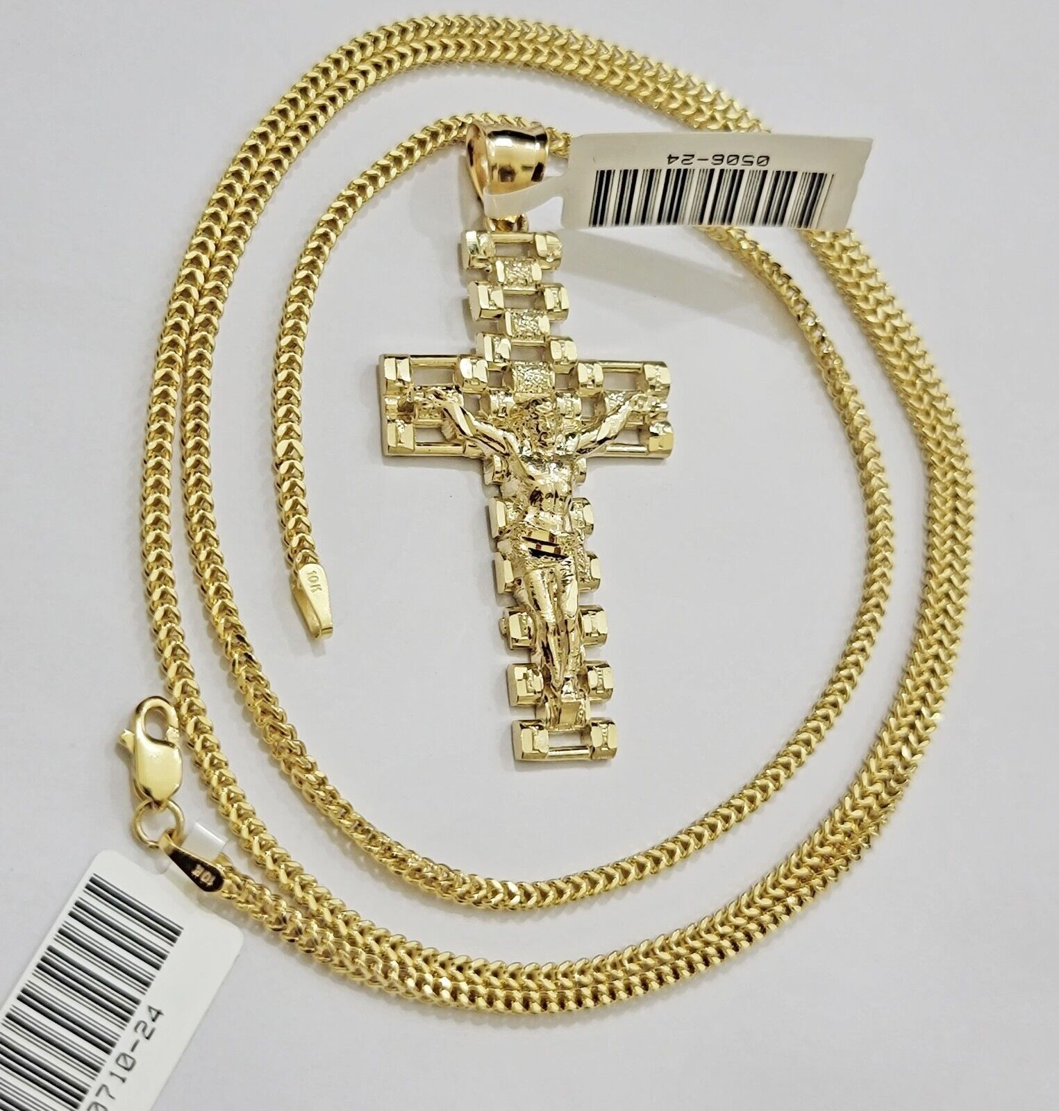 Real 10k Gold Franco Chain Cross Charm SET 20 Inch 2mm Necklace Jesus Pendant - GoldenlinQ