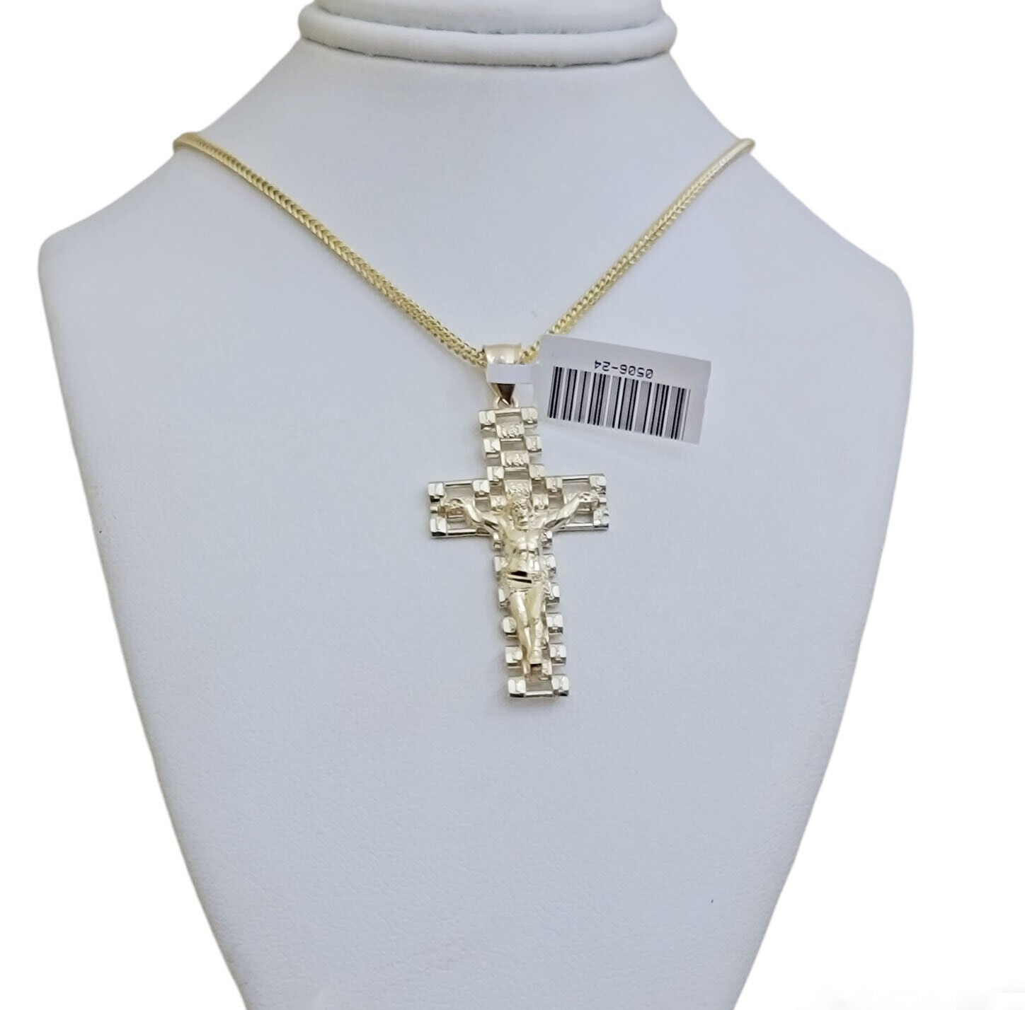 Real 10k Gold Franco Chain Cross Charm SET 24 Inch 2mm Necklace Jesus Pendant - GoldenlinQ