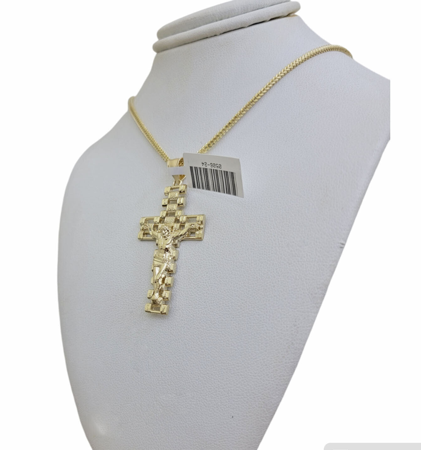 Real 10k Gold Franco Chain Cross Charm SET 24 Inch 2mm Necklace Jesus Pendant - GoldenlinQ