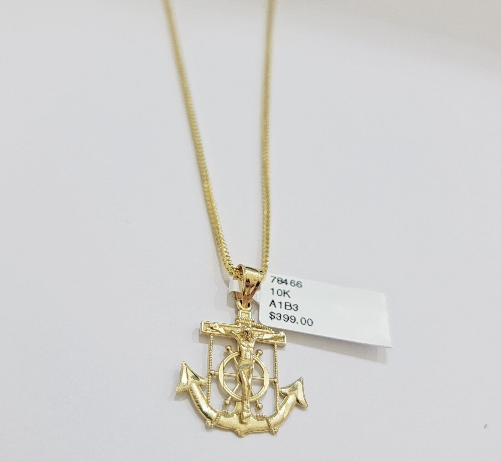 Real 10k Gold Franco Chain Jesus Anchor Charm Pendant Necklace SET Men Women - GoldenlinQ