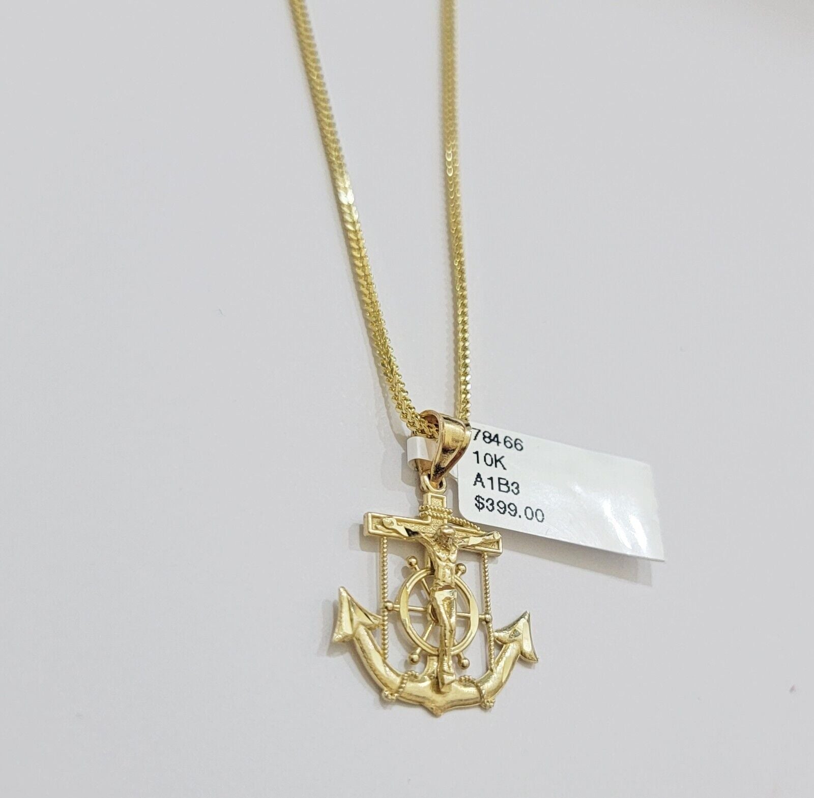 Real 10k Gold Franco Chain Jesus Anchor Charm Pendant Necklace SET Men Women - GoldenlinQ