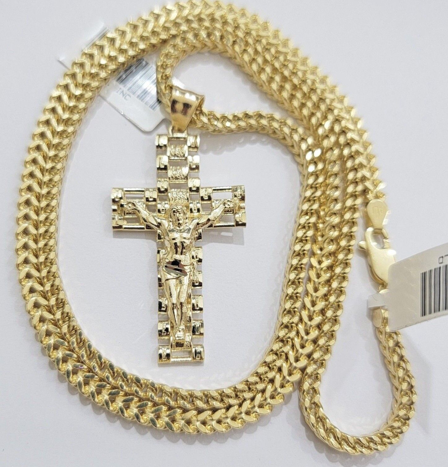Real 10k Gold Franco chain & Jesus Cross Charm pendant , 3mm Necklace ,Men Women - GoldenlinQ
