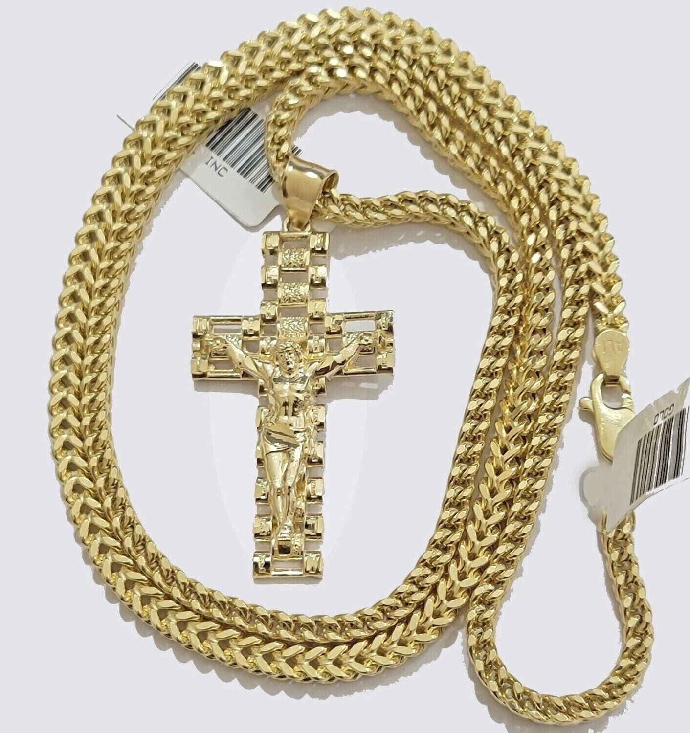 Real 10k Gold Franco chain & Jesus Cross Charm pendant , 3mm Necklace ,Men Women - GoldenlinQ