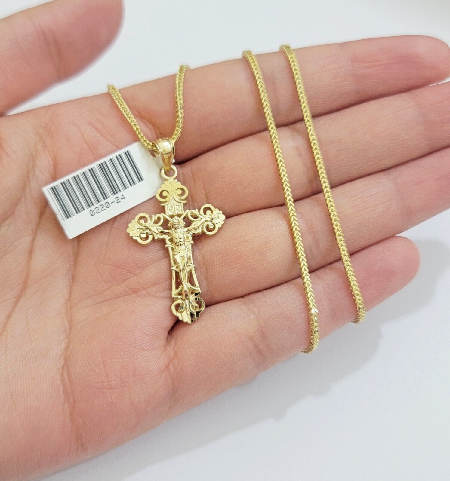 Real 10k Gold Franco Chain Jesus Cross Charm Pendant Necklace SET Men Women - GoldenlinQ