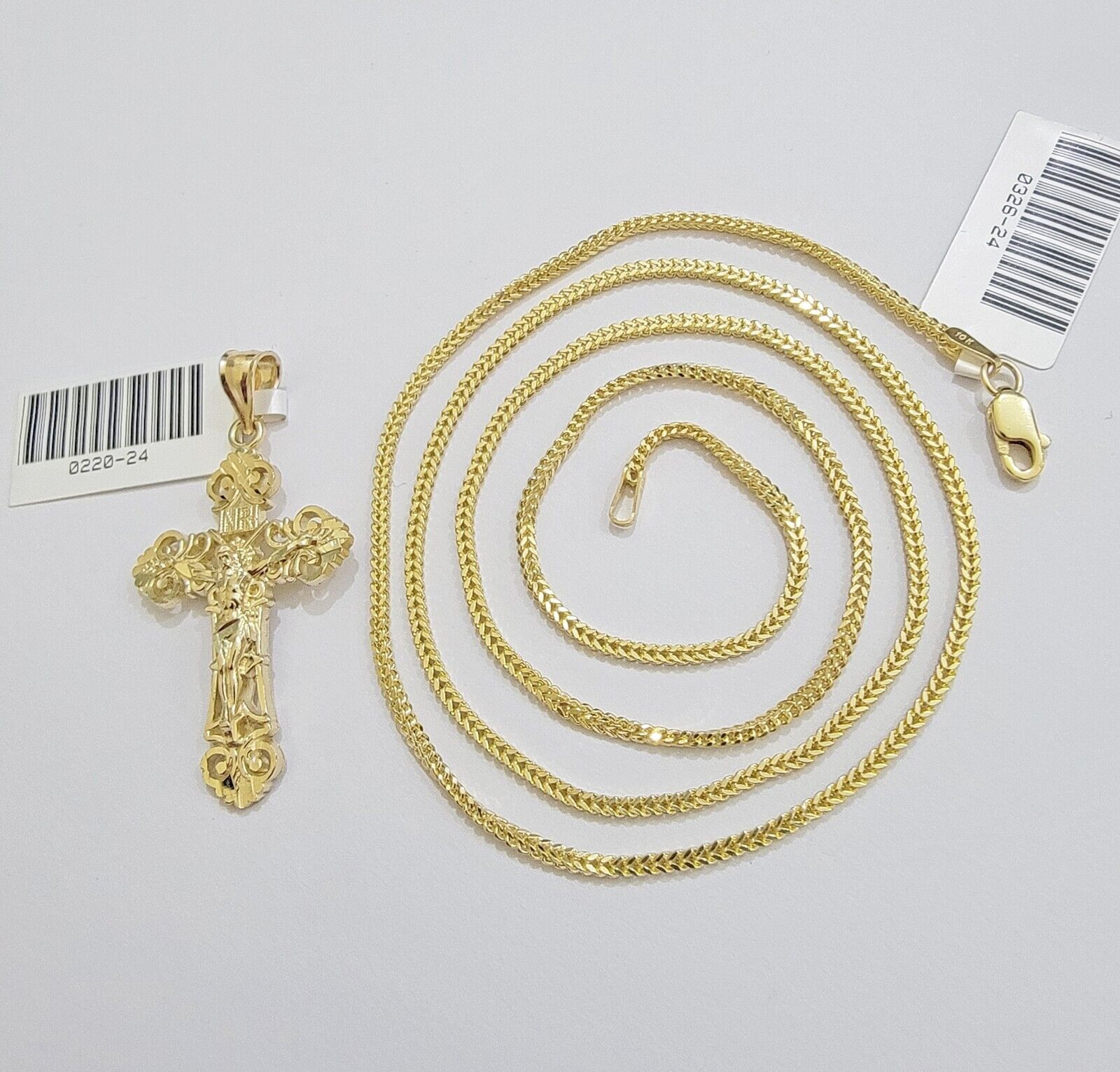Real 10k Gold Franco Chain Jesus Cross Charm Pendant Necklace SET Men Women - GoldenlinQ