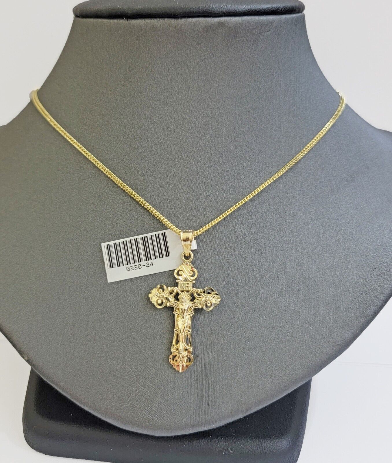 Real 10k Gold Franco Chain Jesus Cross Charm Pendant Necklace SET Men Women - GoldenlinQ