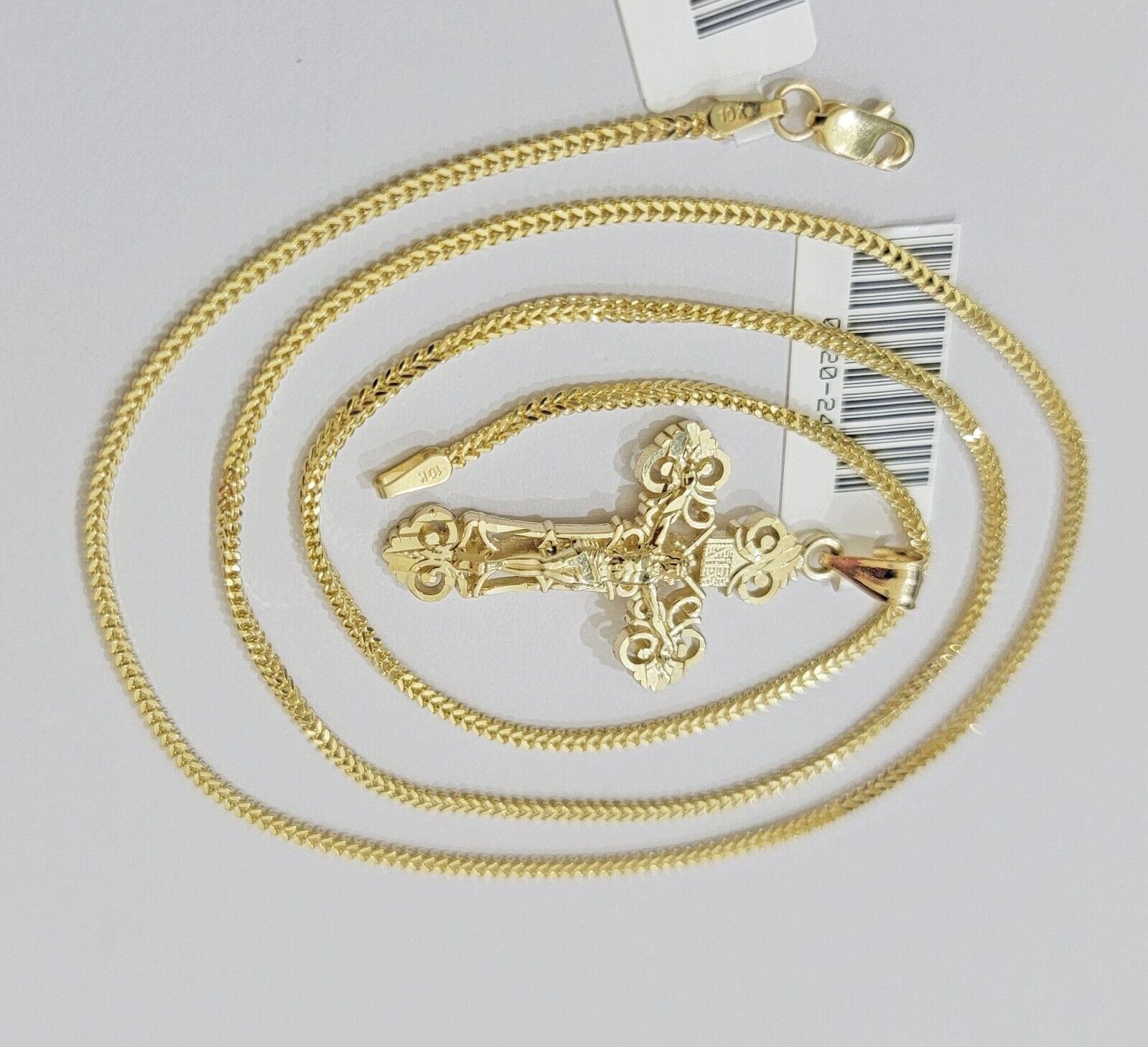 Real 10k Gold Franco Chain Jesus Cross Charm Pendant Necklace SET Men Women - GoldenlinQ