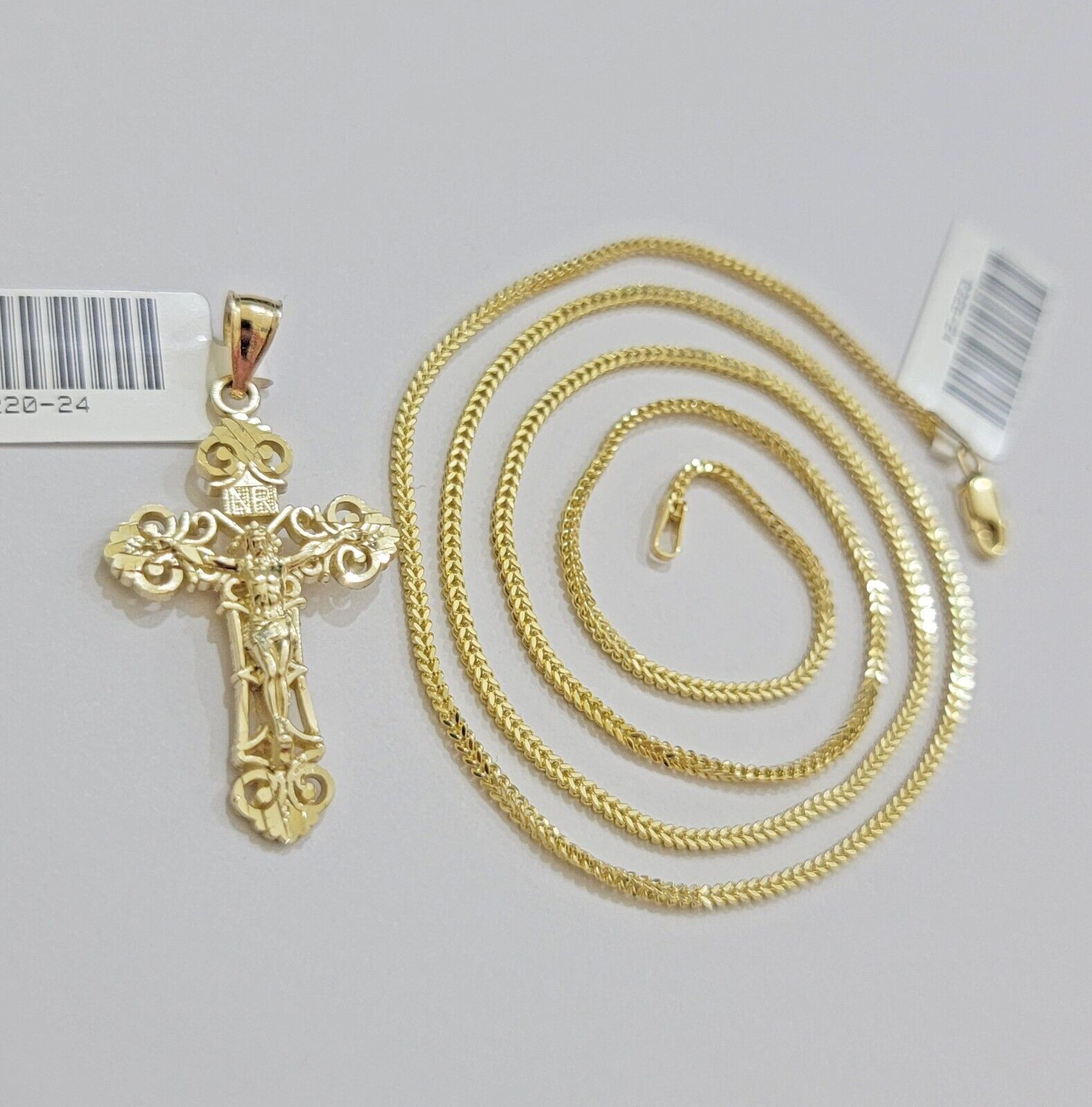 Real 10k Gold Franco Chain Jesus Cross Charm Pendant Necklace SET Men Women - GoldenlinQ