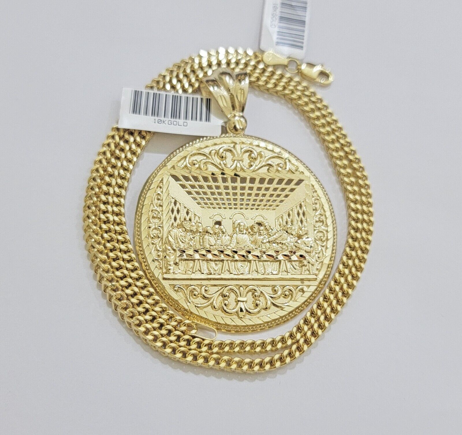 REAL 10k Gold Franco Chain & Last Supper Charm Pendant SET Necklace 26 Inch 3mm - GoldenlinQ