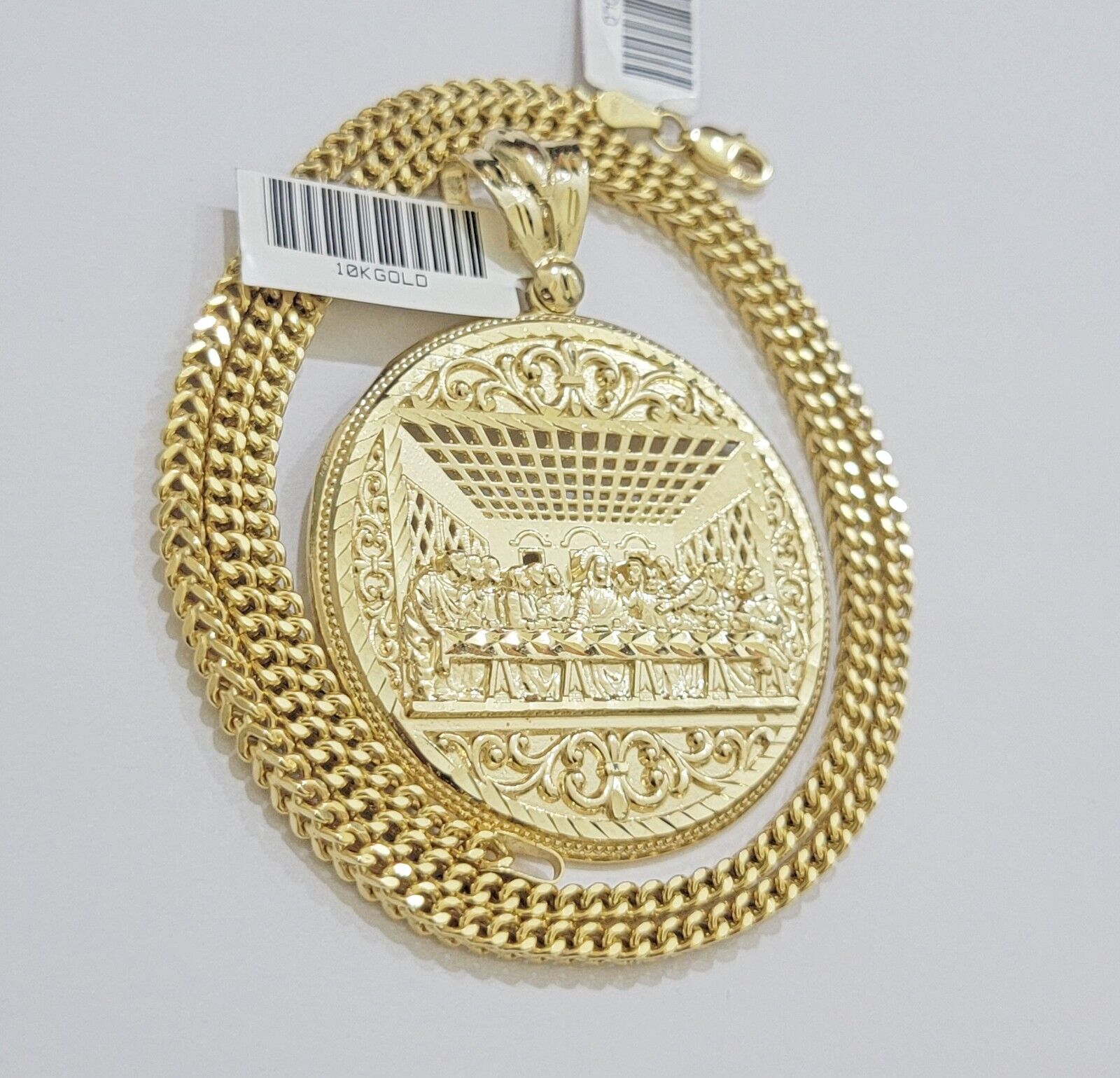 REAL 10k Gold Franco Chain Last Supper Pendant SET Necklace 3mm 20" Inch Choker - GoldenlinQ