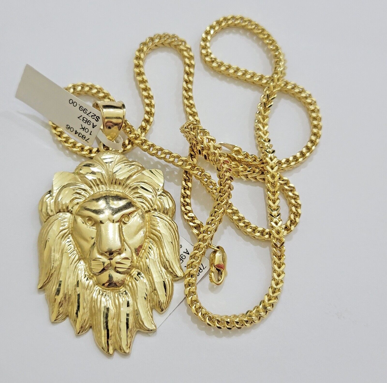 REAL 10k Gold Franco Necklace Charm Lion Head Pendant SET 20 - 26 Inch 3mm Chain - GoldenlinQ