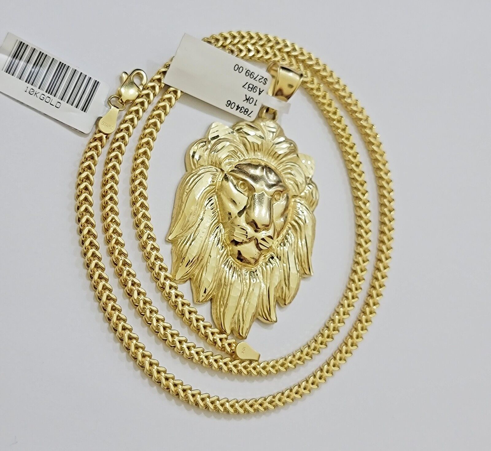 REAL 10k Gold Franco Necklace Charm Lion Head Pendant SET 20 - 26 Inch 3mm Chain - GoldenlinQ