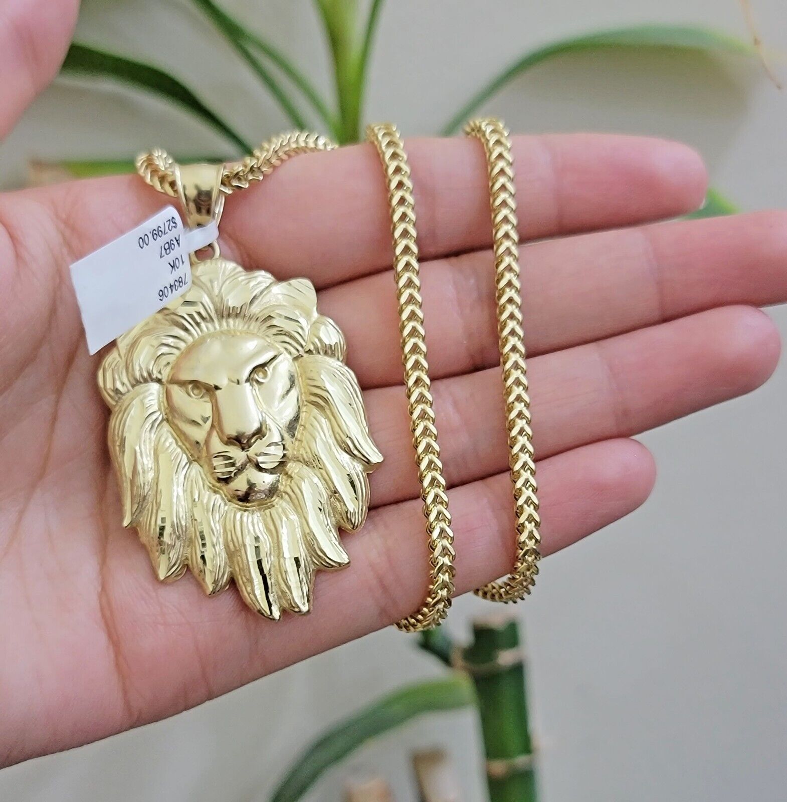 REAL 10k Gold Franco Necklace Charm Lion Head Pendant SET 20 - 26 Inch 3mm Chain - GoldenlinQ