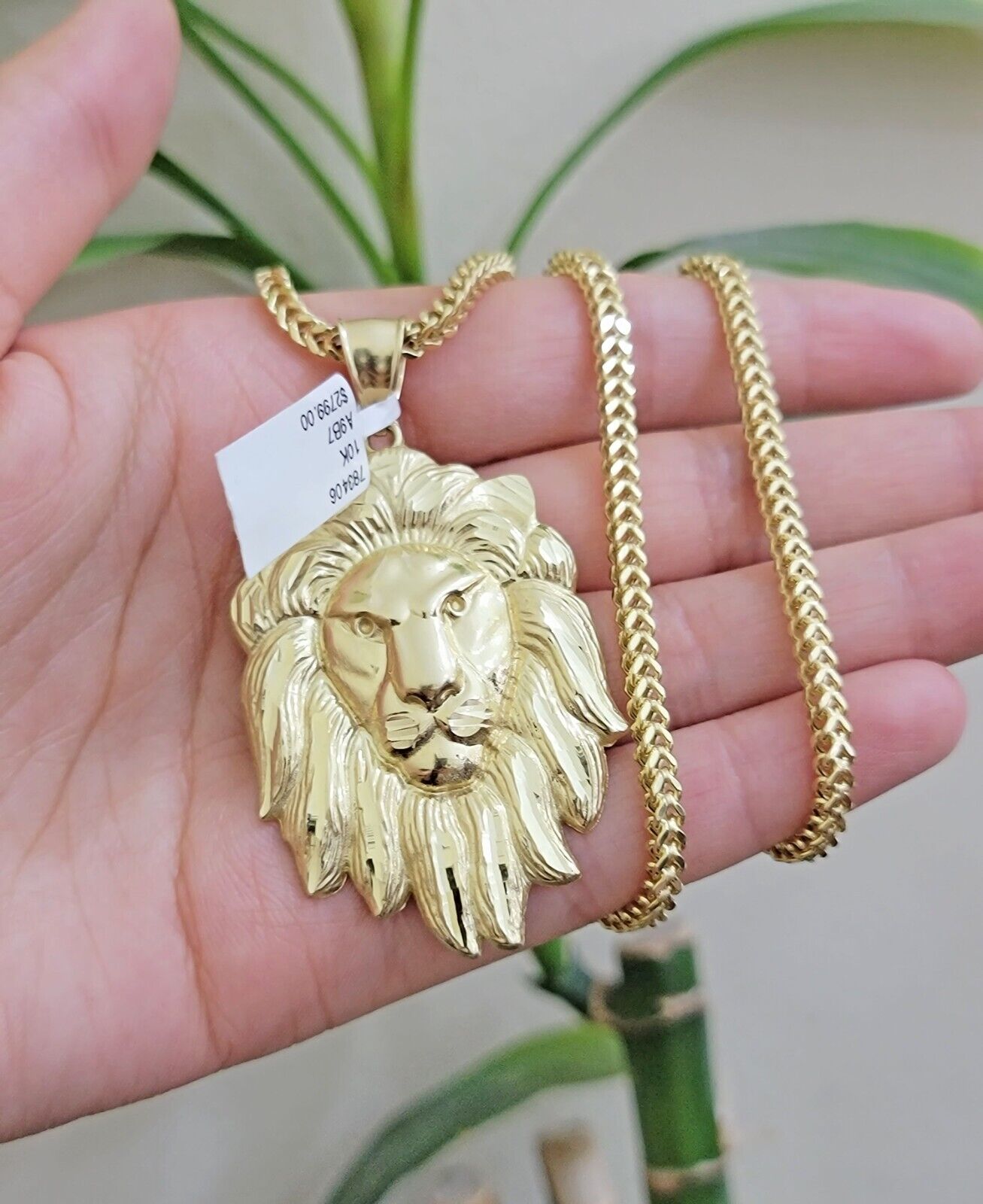 REAL 10k Gold Franco Necklace Charm Lion Head Pendant SET 20 - 26 Inch 3mm Chain - GoldenlinQ