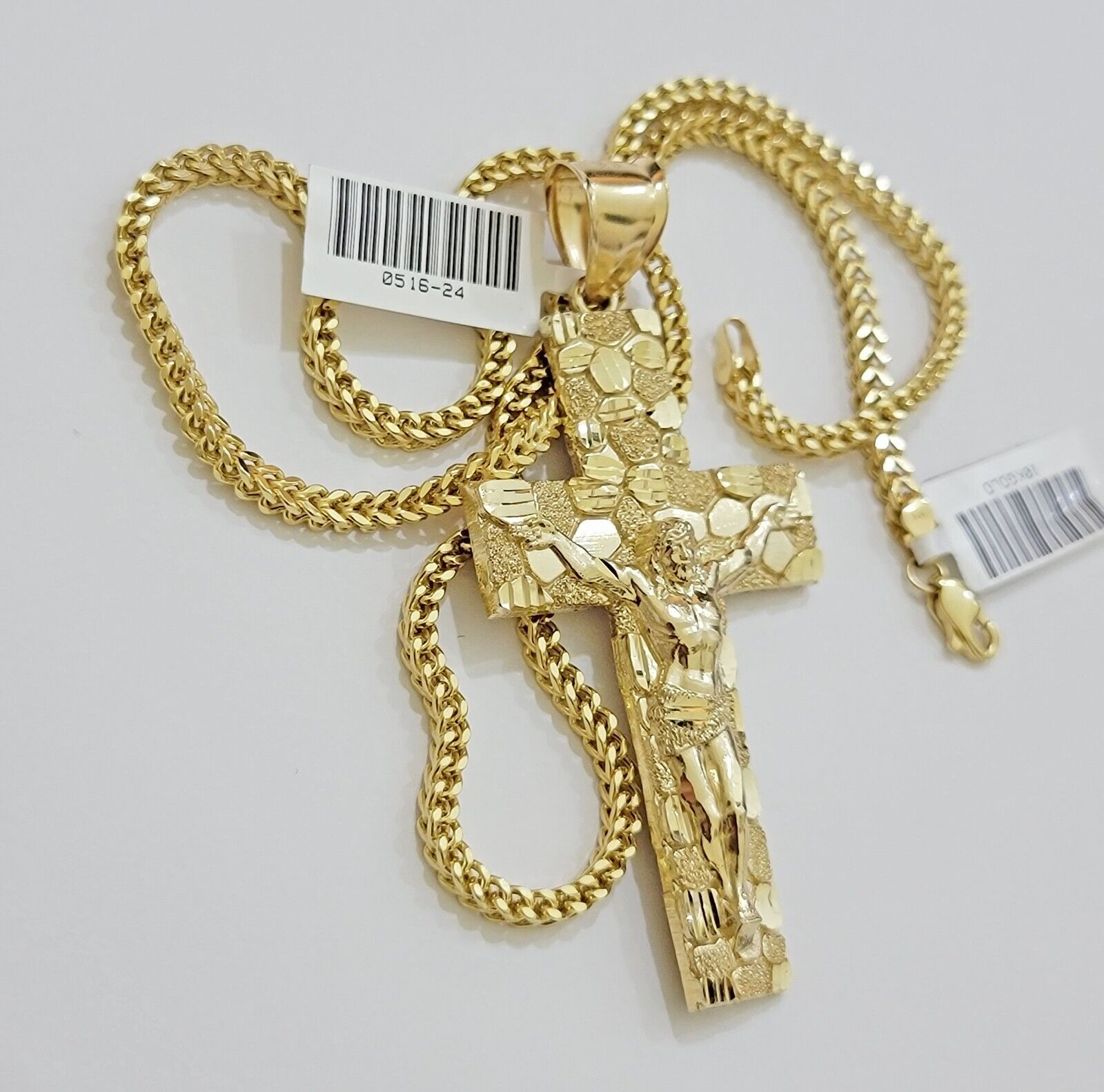 REAL 10k Gold Franco Necklace Nugget Charm Cross Pendant SET 22 Inch 3mm Chain - GoldenlinQ