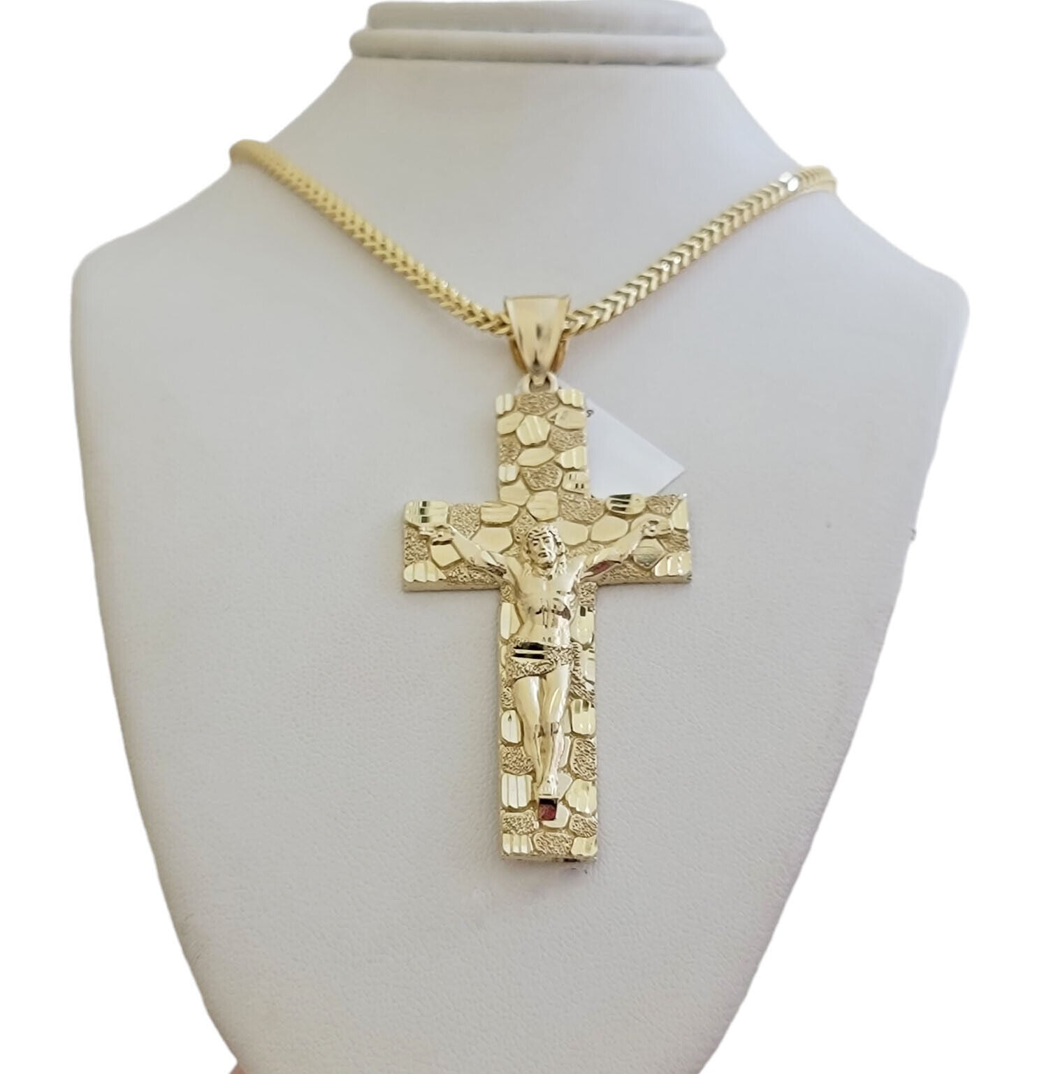 REAL 10k Gold Franco Necklace Nugget Cross Pendant SET 20" - 26 Inch 3mm Chain - GoldenlinQ