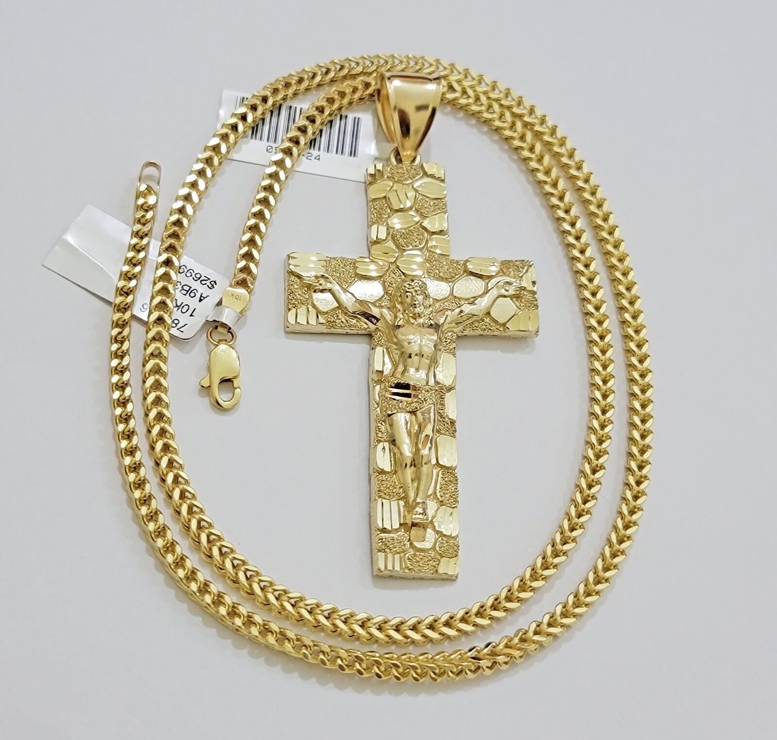 REAL 10k Gold Franco Necklace Nugget Cross Pendant SET 20" - 26 Inch 3mm Chain - GoldenlinQ
