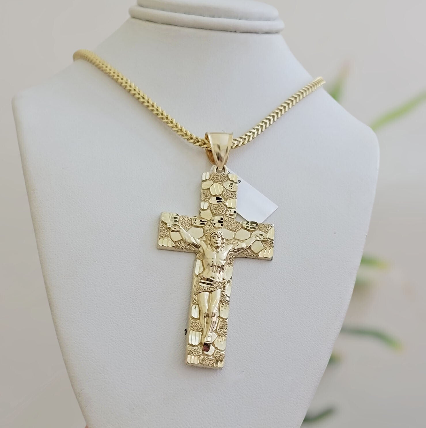 REAL 10k Gold Franco Necklace Nugget Cross Pendant SET 20" - 26 Inch 3mm Chain - GoldenlinQ
