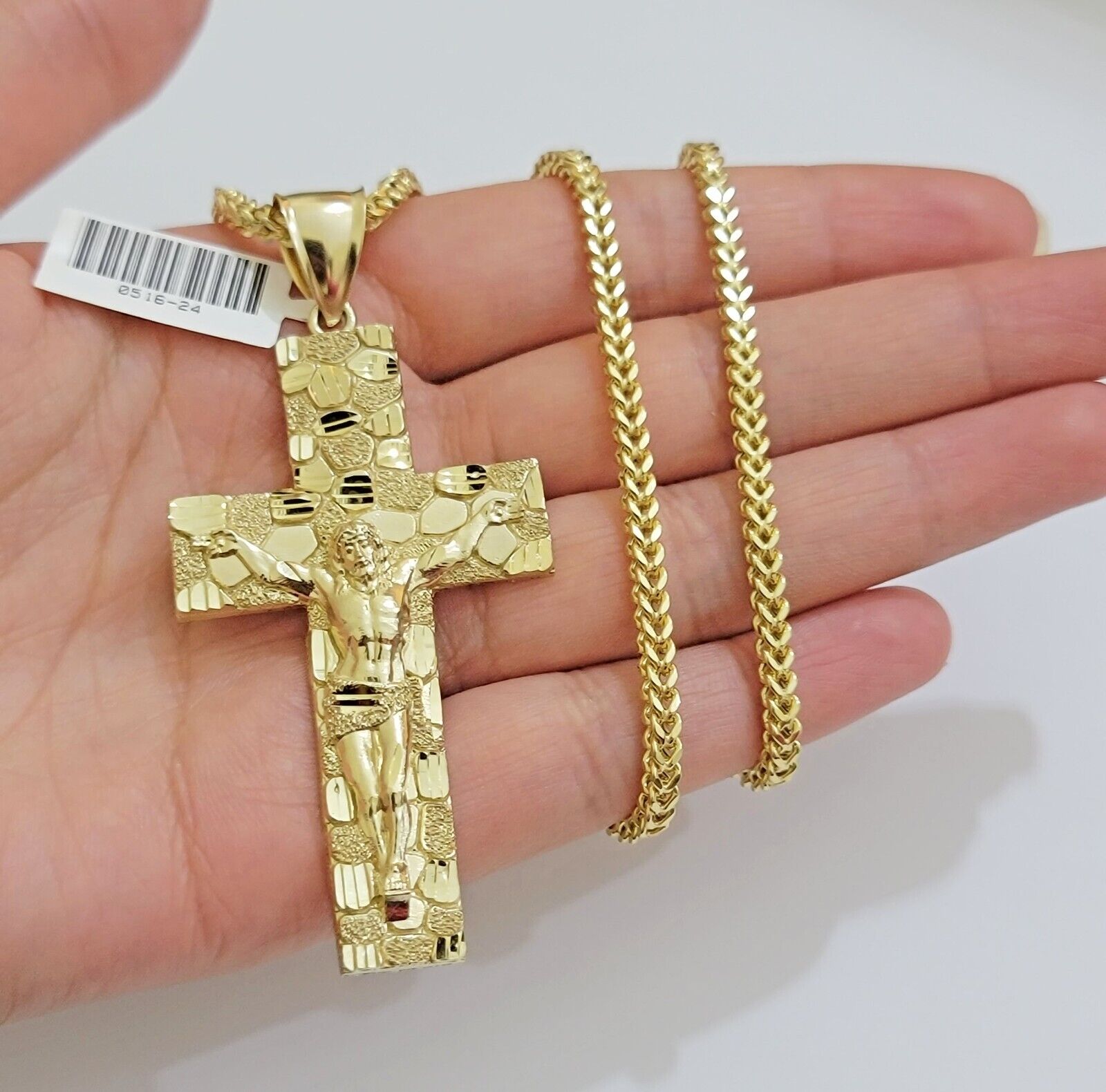 REAL 10k Gold Franco Necklace Nugget Cross Pendant SET 20" Inch 3mm Chain - GoldenlinQ