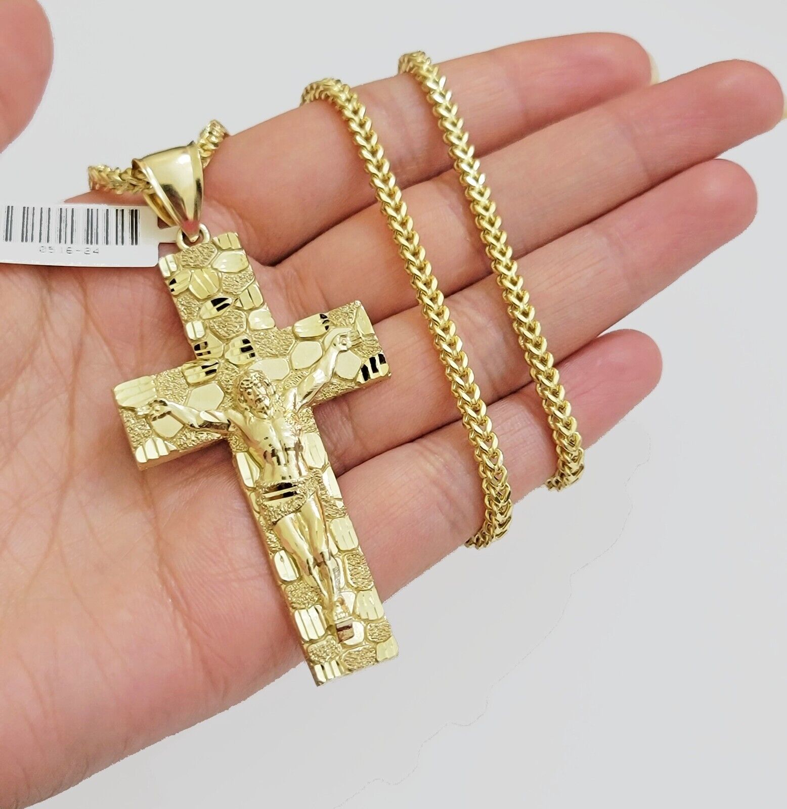 REAL 10k Gold Franco Necklace Nugget Cross Pendant SET 24 Inch 3mm Chain & Charm - GoldenlinQ