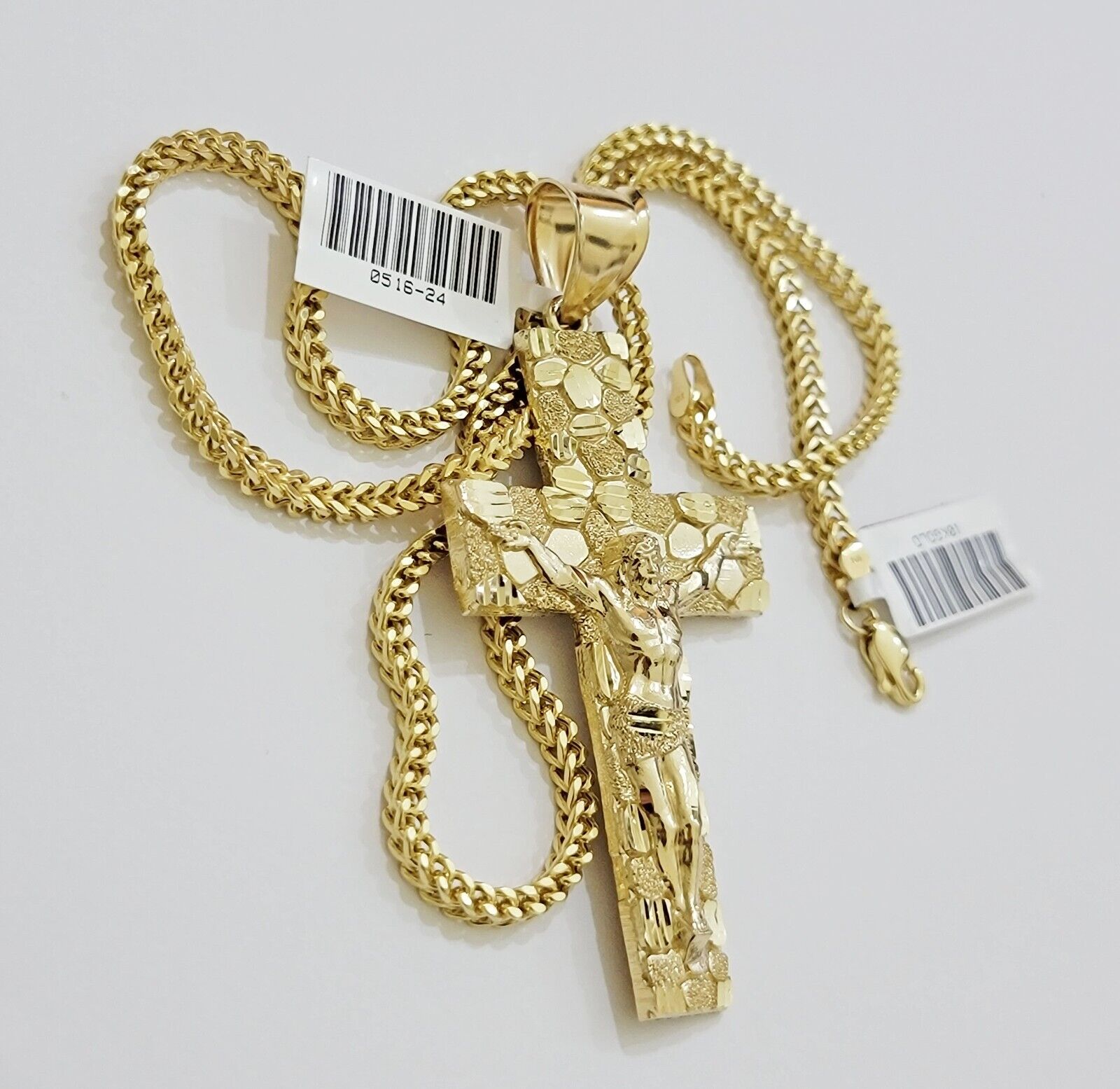 REAL 10k Gold Franco Necklace Nugget Cross Pendant SET 24 Inch 3mm Chain & Charm - GoldenlinQ