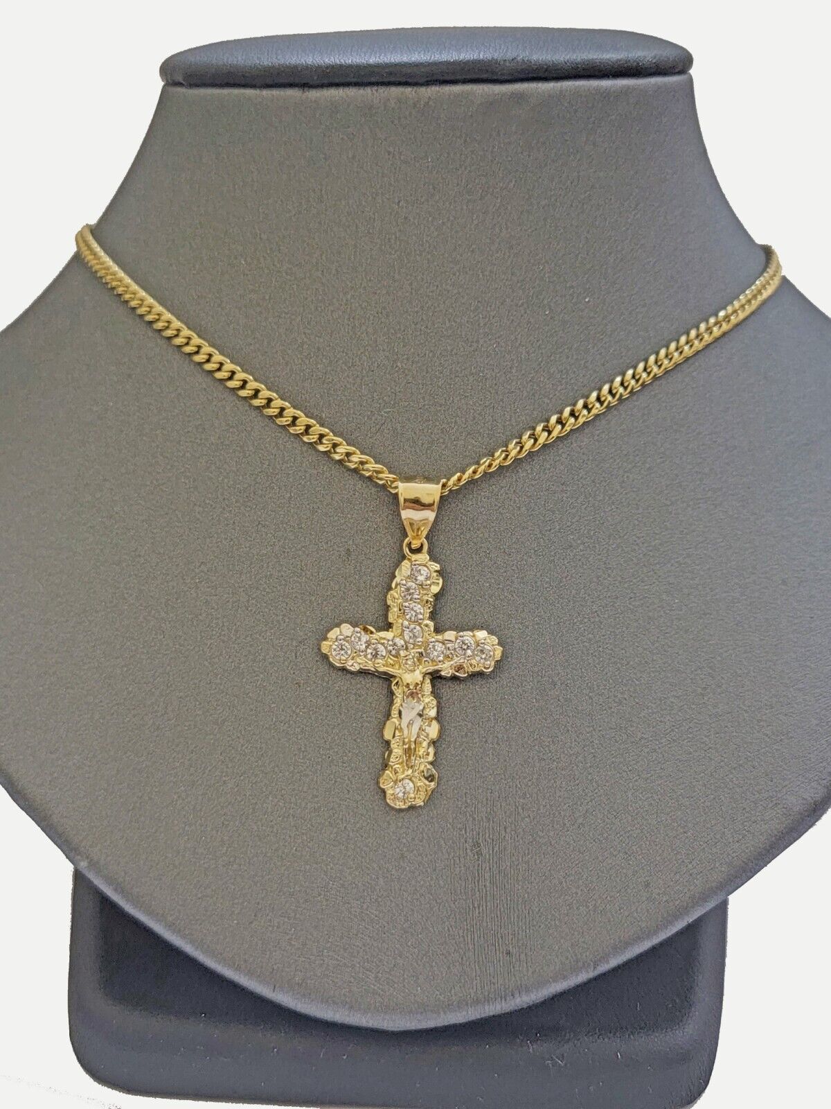 Real 10k Gold Jesus Cross Charm Chain Set Miami Cuban Link Necklace 2.5mm 18 - 26" - GoldenlinQ