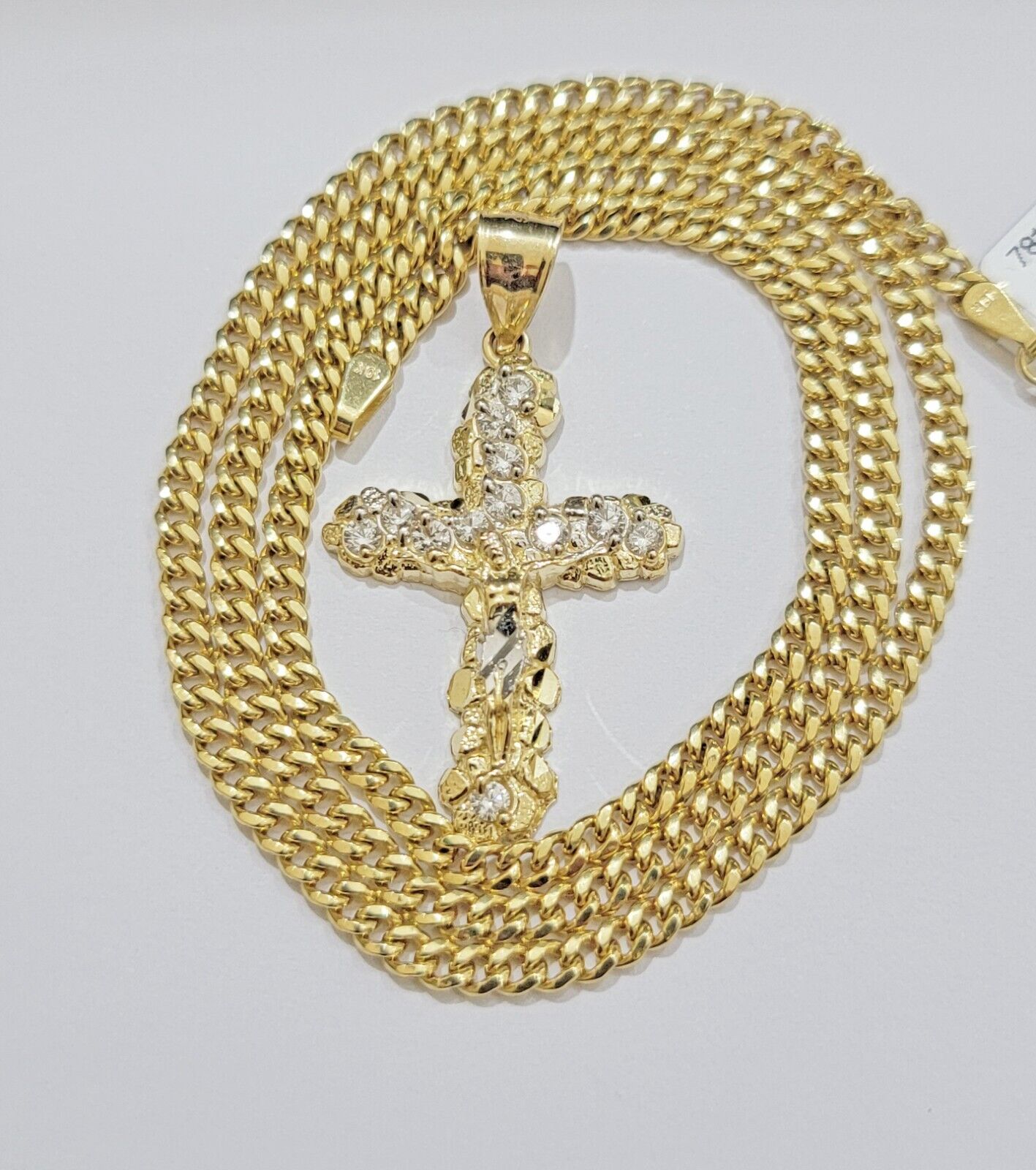 Real 10k Gold Jesus Cross Charm Chain Set Miami Cuban Link Necklace 2.5mm 18 - 26" - GoldenlinQ
