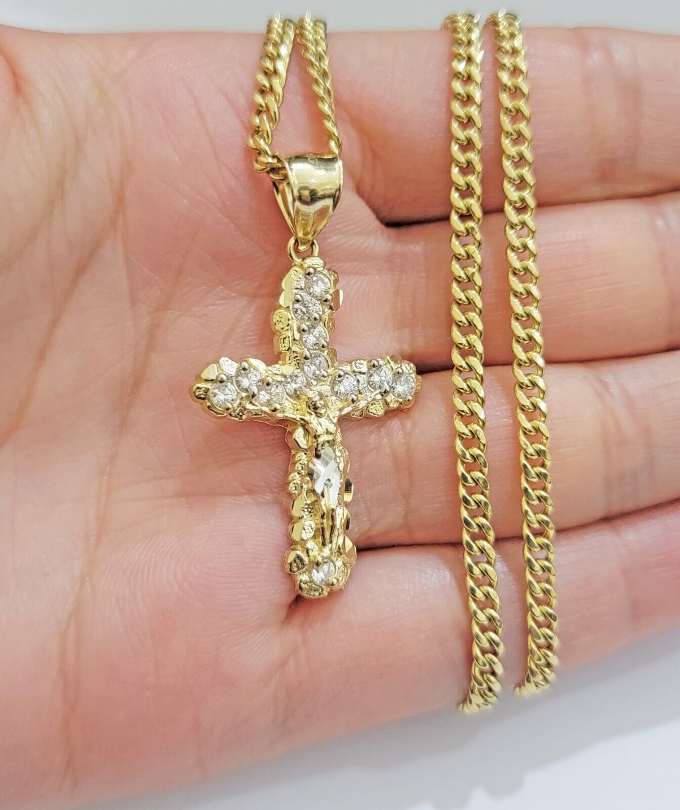 Real 10k Gold Jesus Cross Charm Chain Set Miami Cuban Link Necklace 2.5mm 18 - 26" - GoldenlinQ