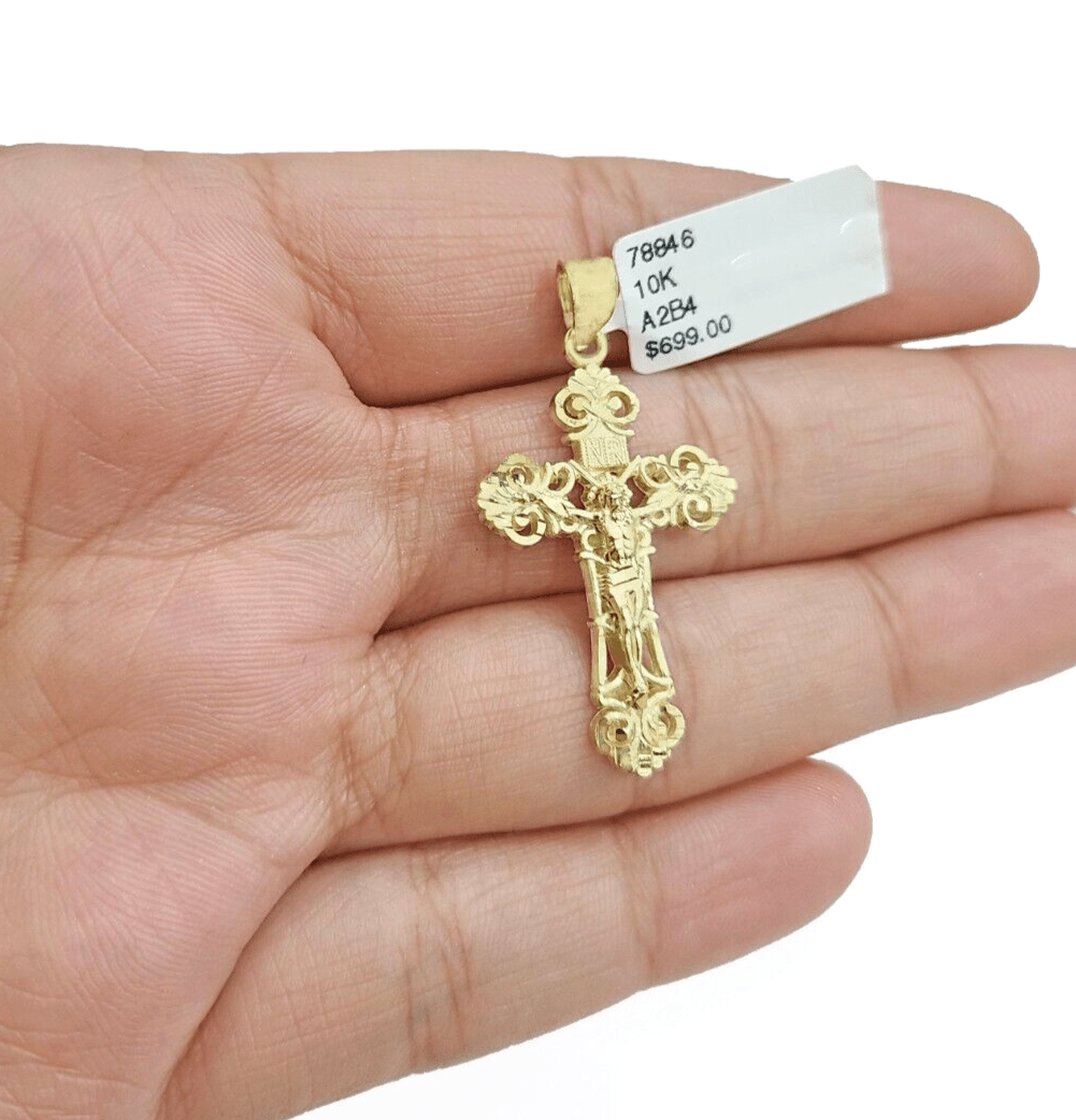 Real 10k Gold Jesus Cross Charm Pendant 10KT Yellow Gold For Chain & Necklace - GoldenlinQ