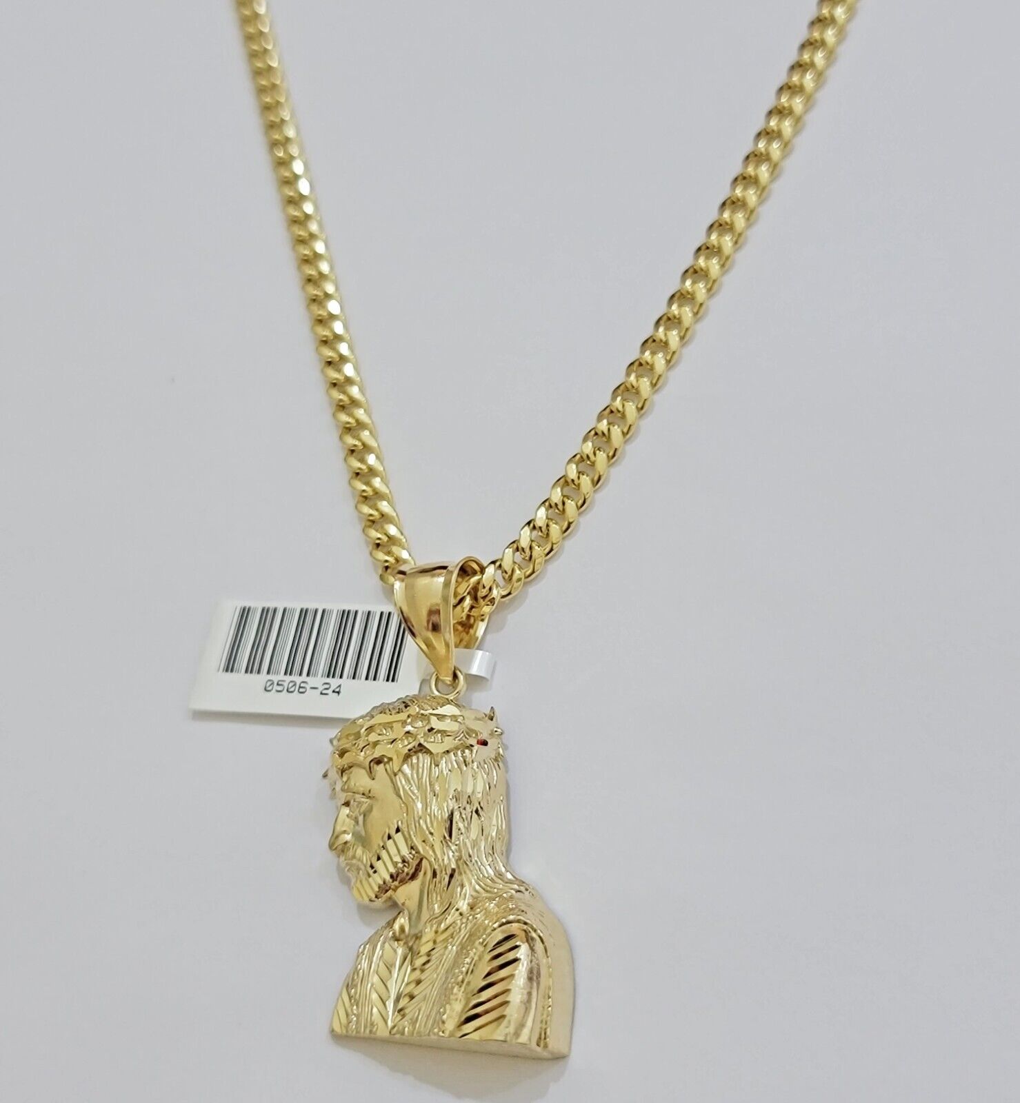 Real 10k Gold Jesus Head Charm Pendant Cuban Link Chain 4mm 24 Inch Necklace SET - GoldenlinQ
