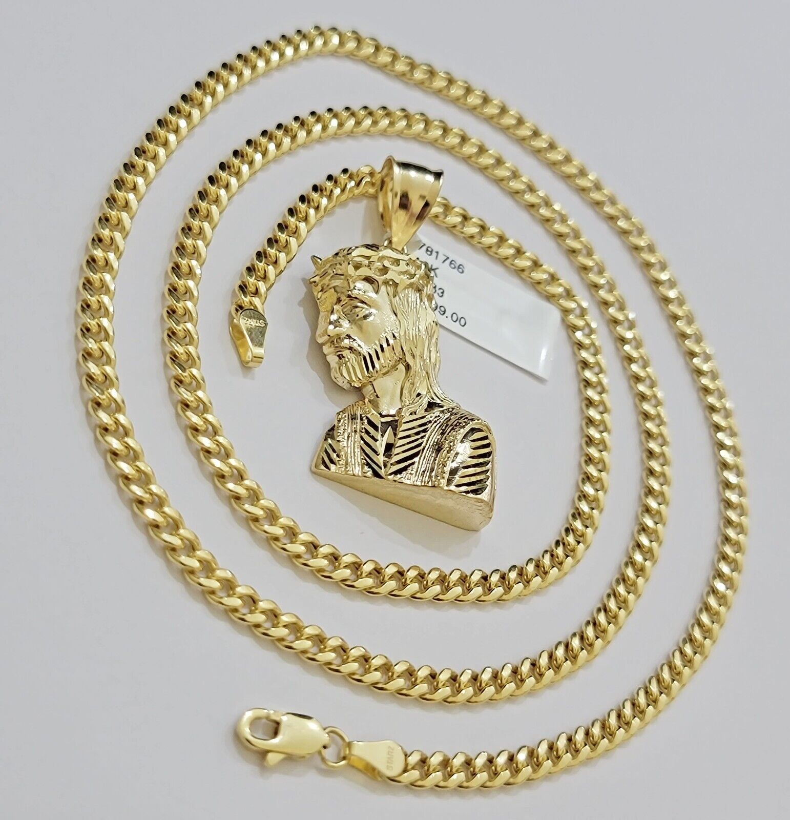 Real 10k Gold Jesus Heard Charm Pendant &Miami Cuban Link Chain 4mm Necklace SET - GoldenlinQ