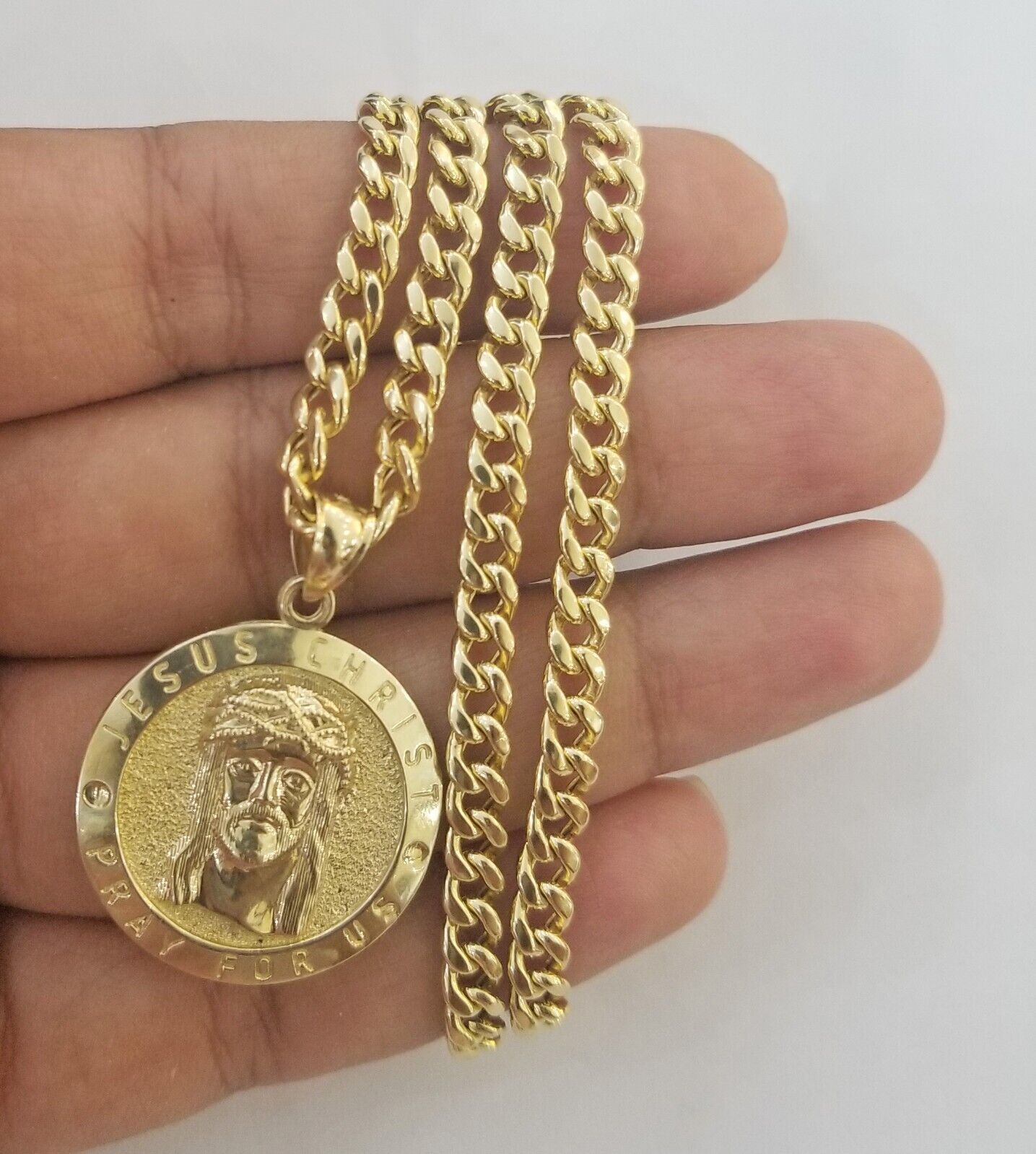 Real 10k Gold Jesus Pendant Miami Cuban link Chain 4mm 26" Set Round - GoldenlinQ