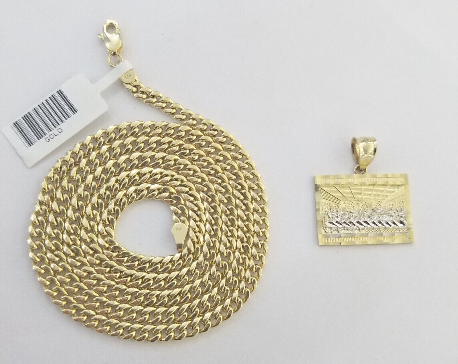 Real 10k Gold Last Supper Charm Chain Miami Cuban Link Necklace 4mm 24 Inch SET - GoldenlinQ