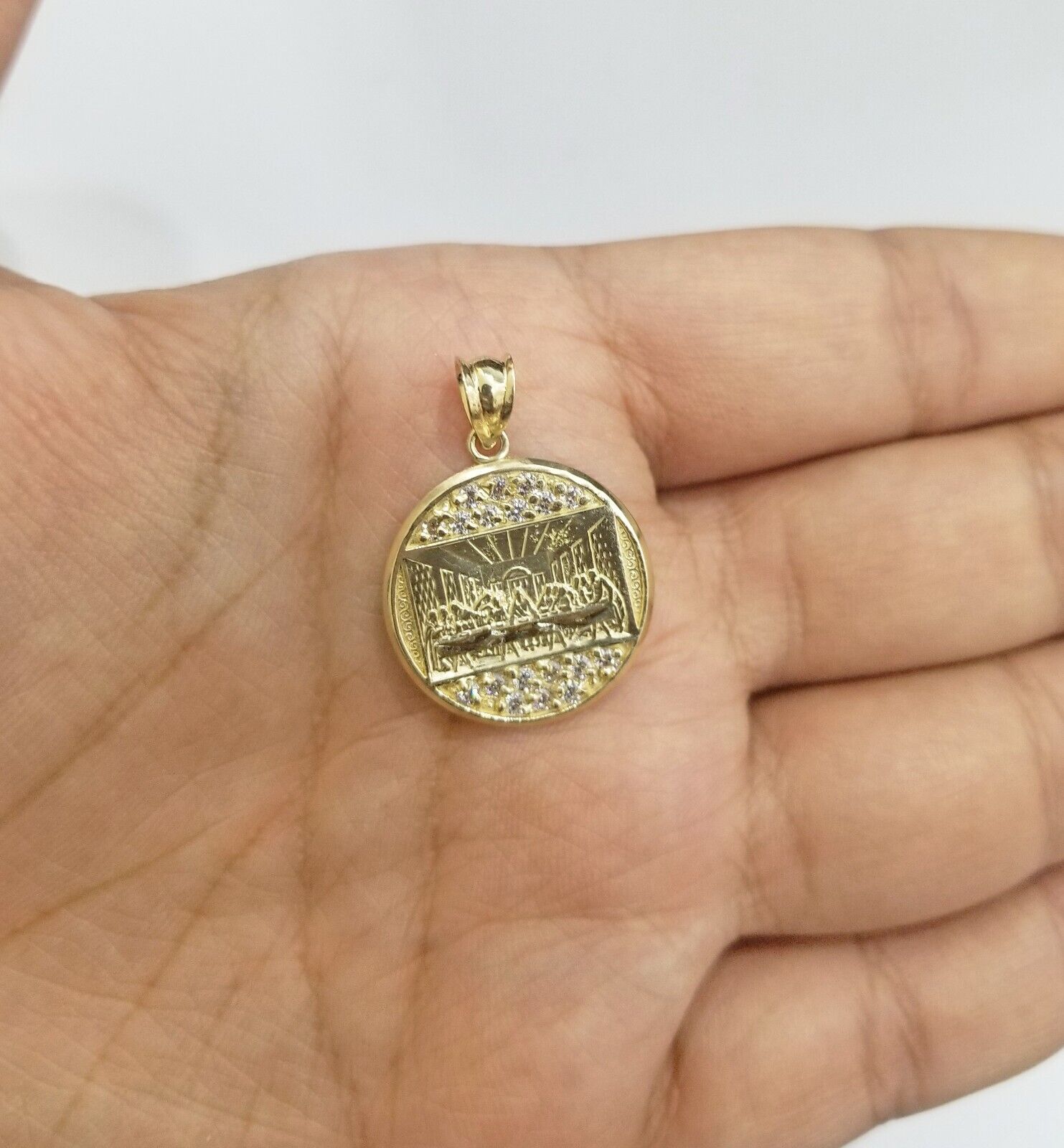 Real 10k Gold Last Supper Charm Circular Pendant 10kt Yellow Gold Men Women - GoldenlinQ