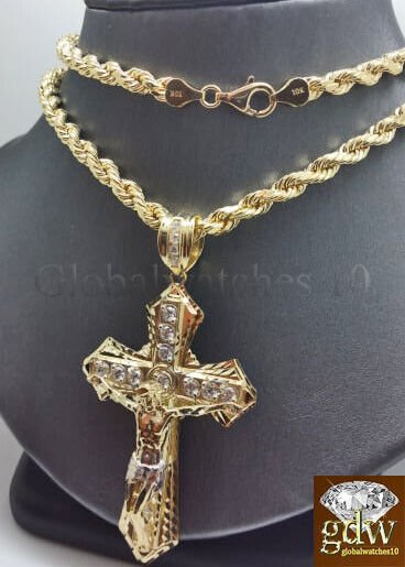 Real 10k Gold Men's Jesus Crucifix Cross Pendent Charm with 28 Inch Rope Chain. - GoldenlinQ