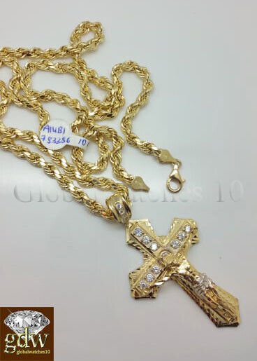 Real 10k Gold Men's Jesus Crucifix Cross Pendent Charm with 28 Inch Rope Chain. - GoldenlinQ