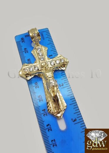 Real 10k Gold Men's Jesus Crucifix Cross Pendent Charm with 28 Inch Rope Chain. - GoldenlinQ